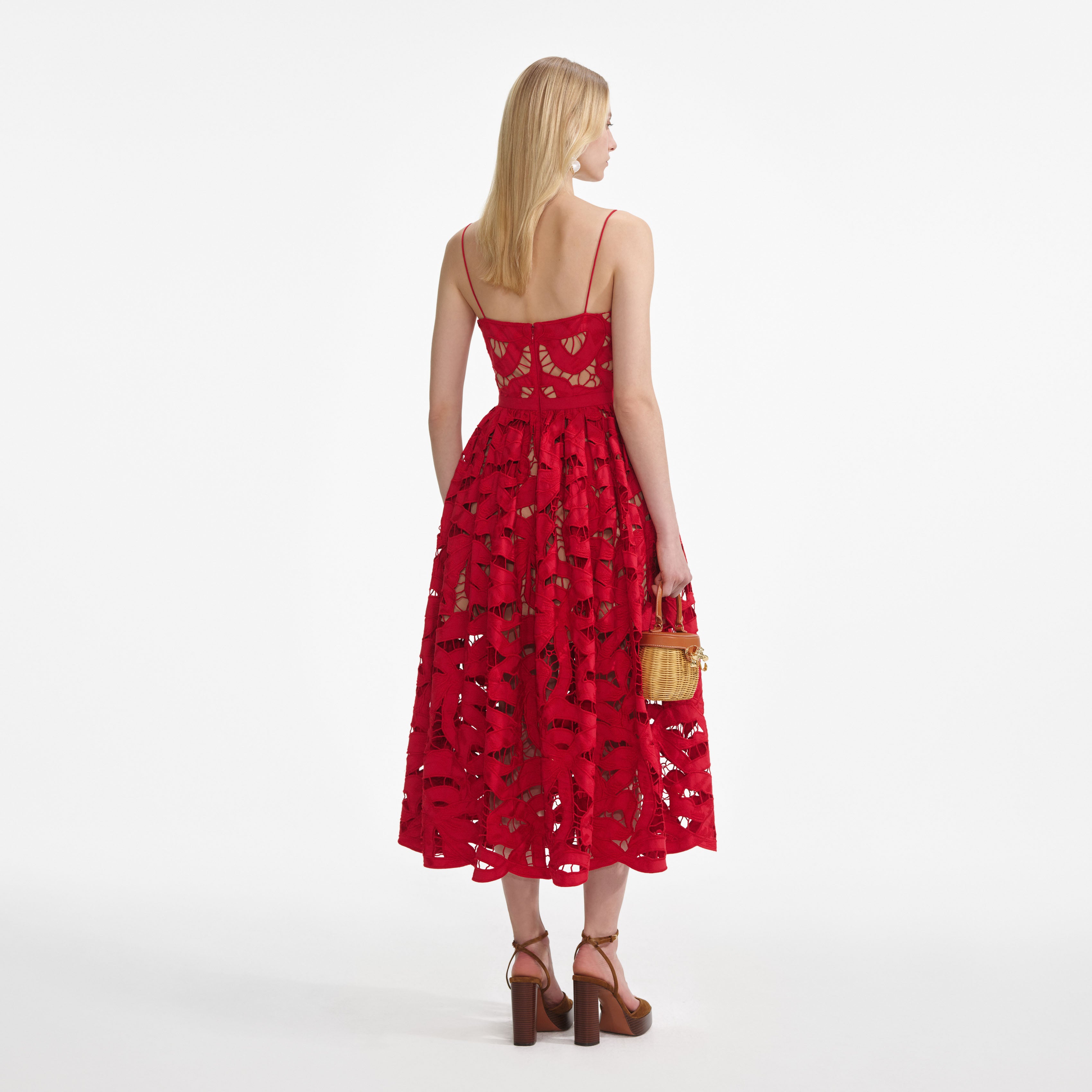 Red Bow Embroidered Midi Dress