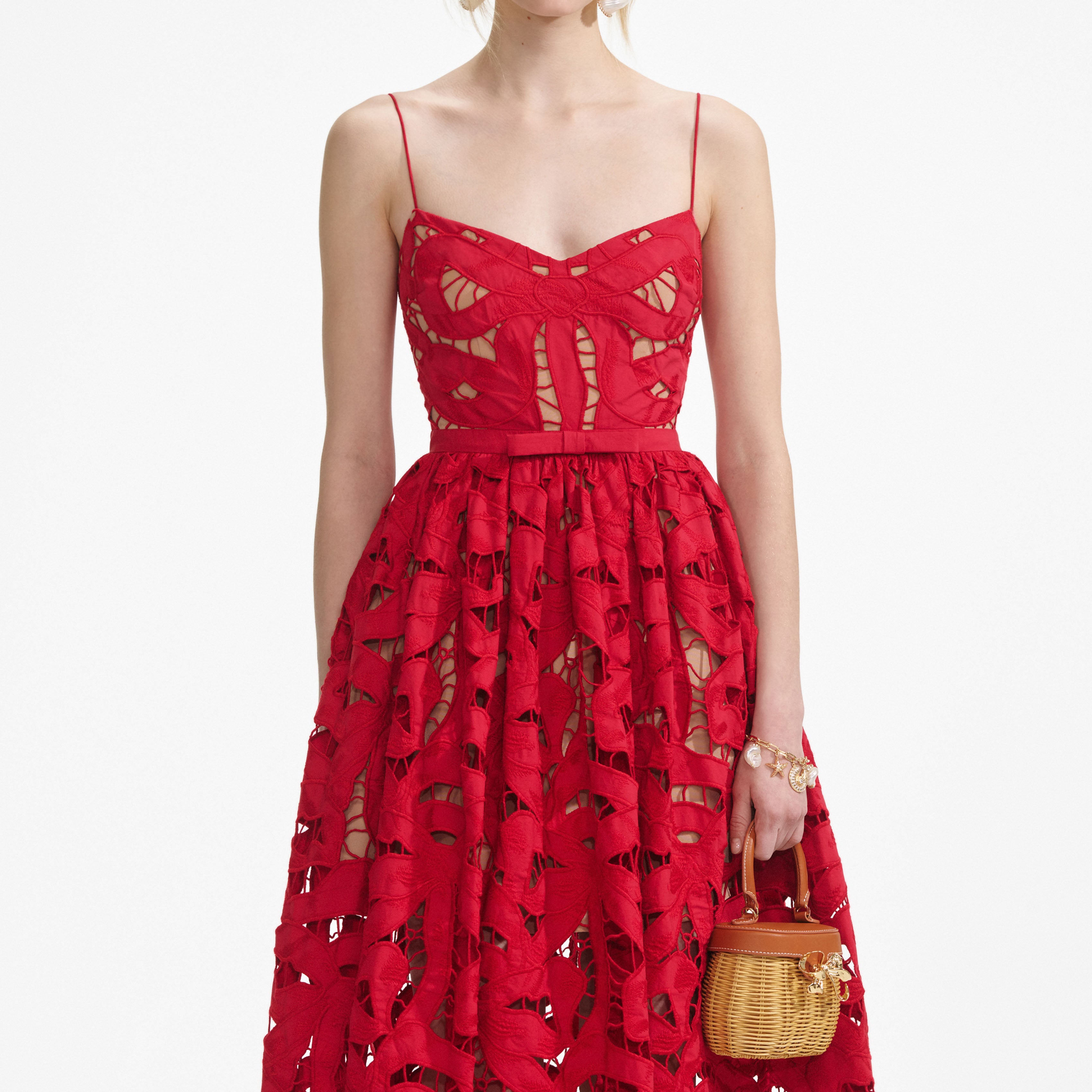 Red Bow Embroidered Midi Dress