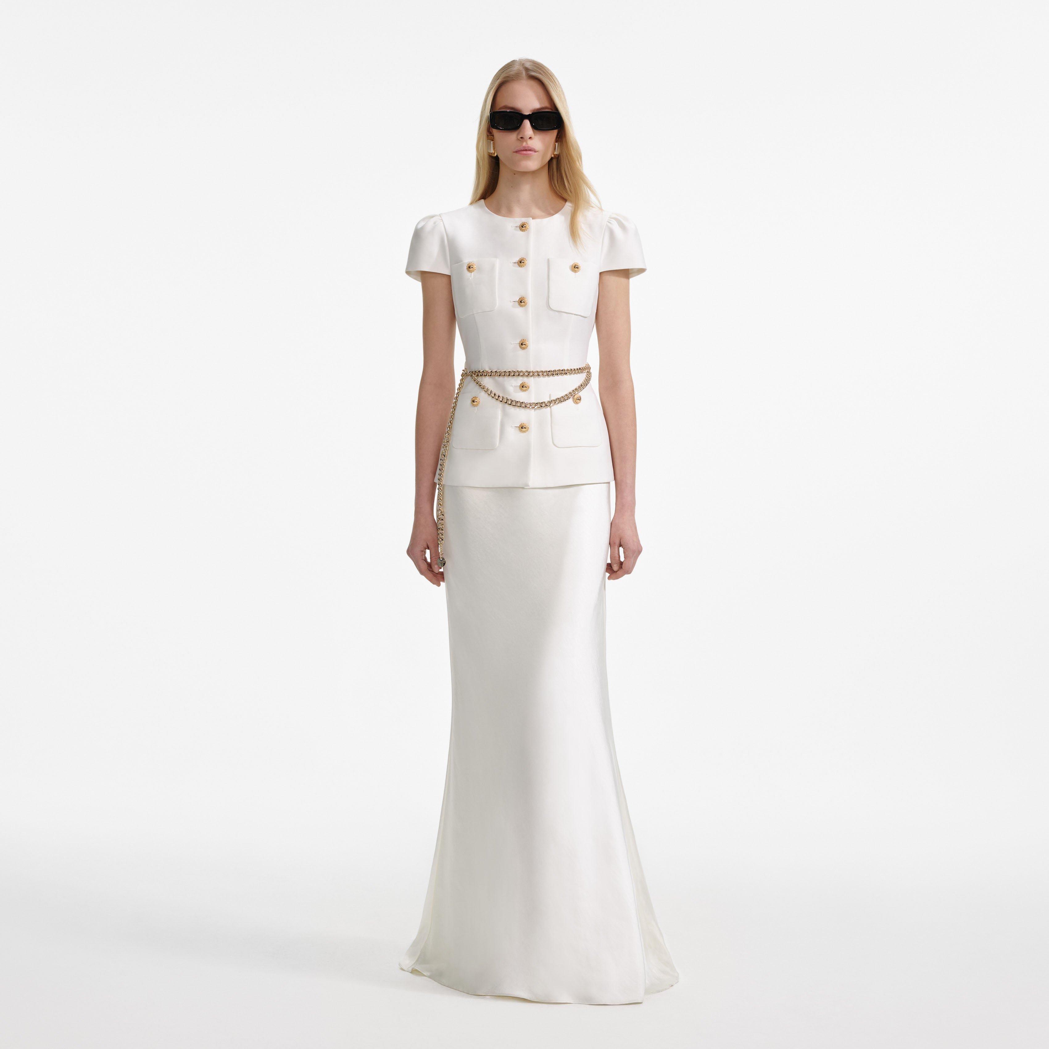 Cream Taffeta Chain Belt Maxi Dress