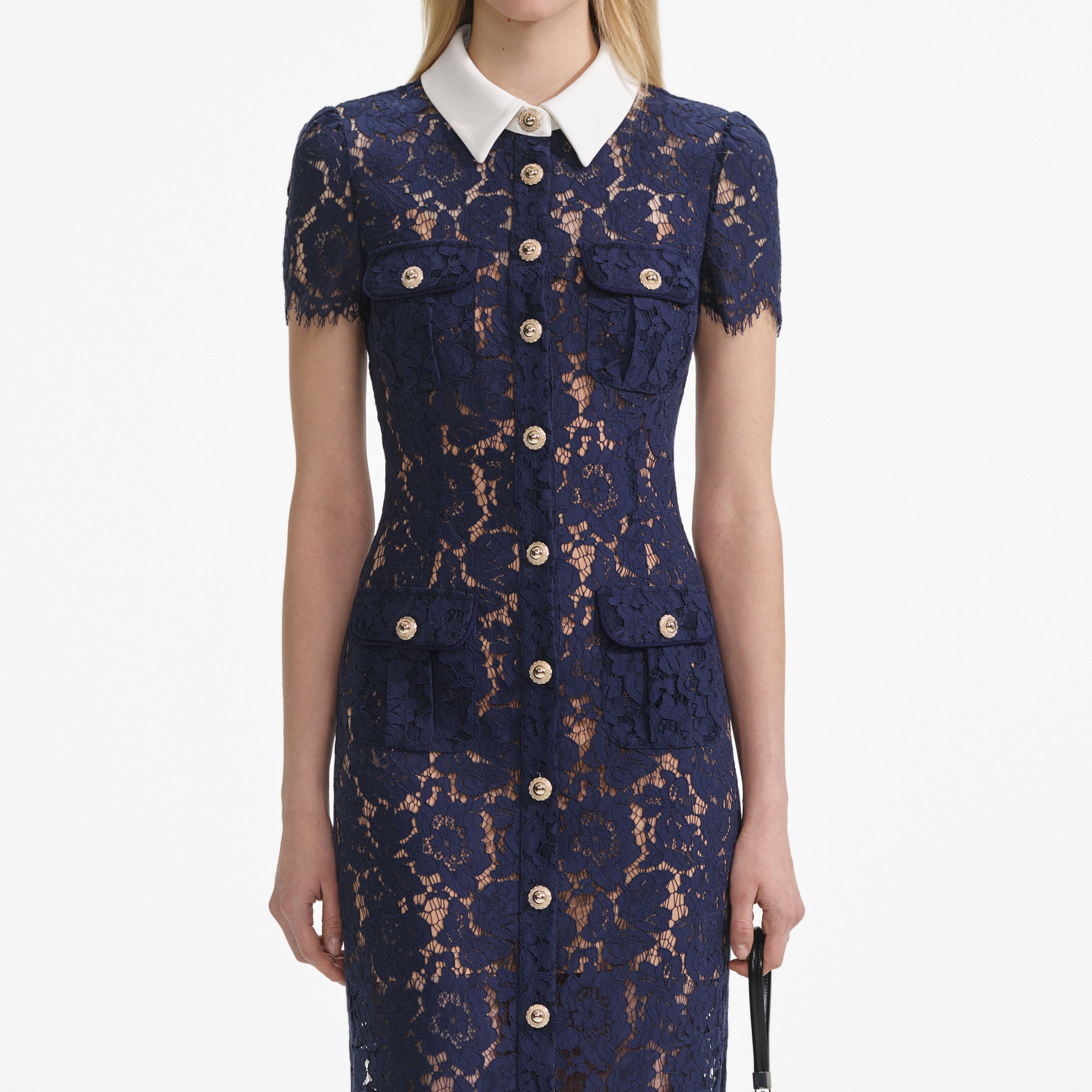 Navy Lace Contrast Collar Midi Dress