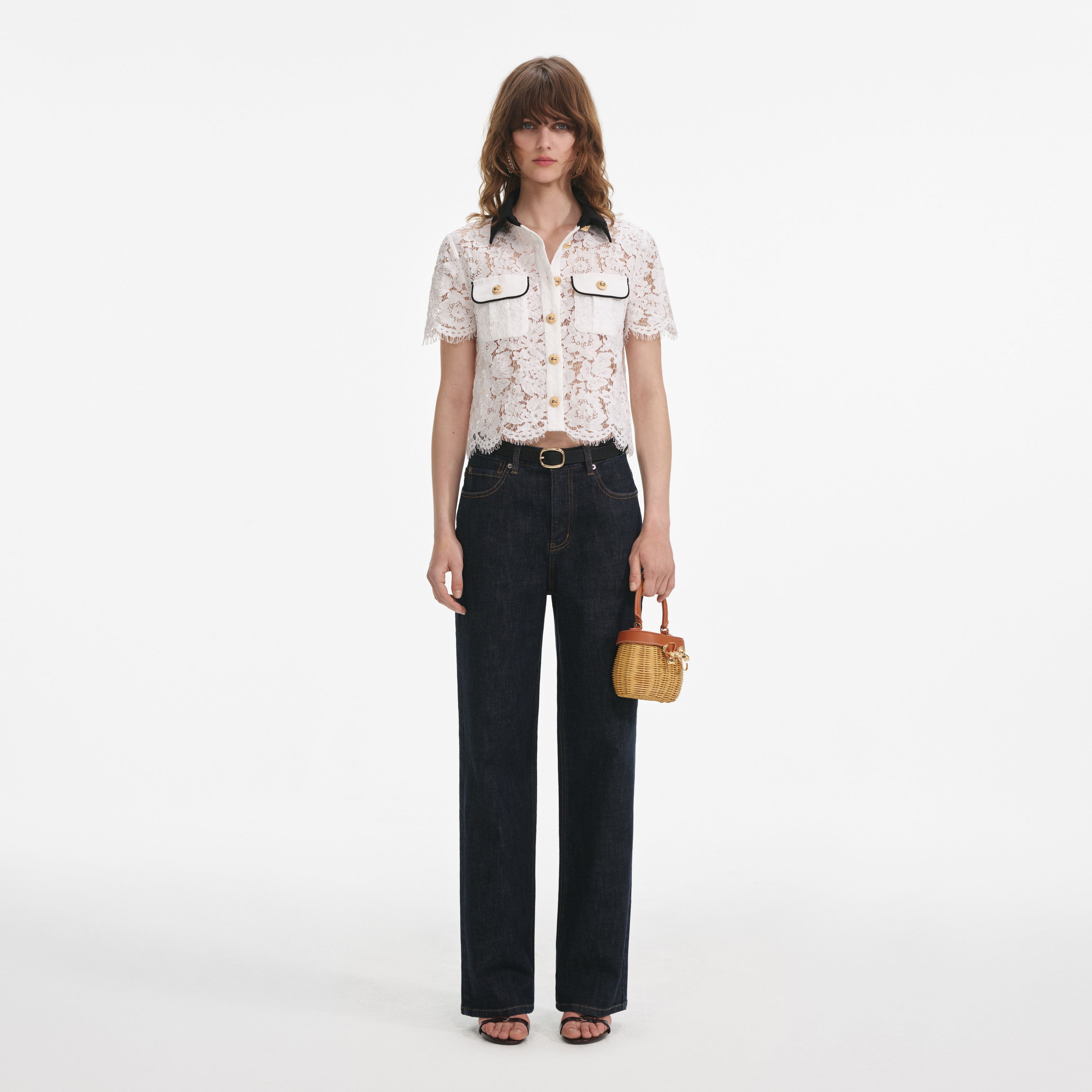 White Lace Contrast Collar Top