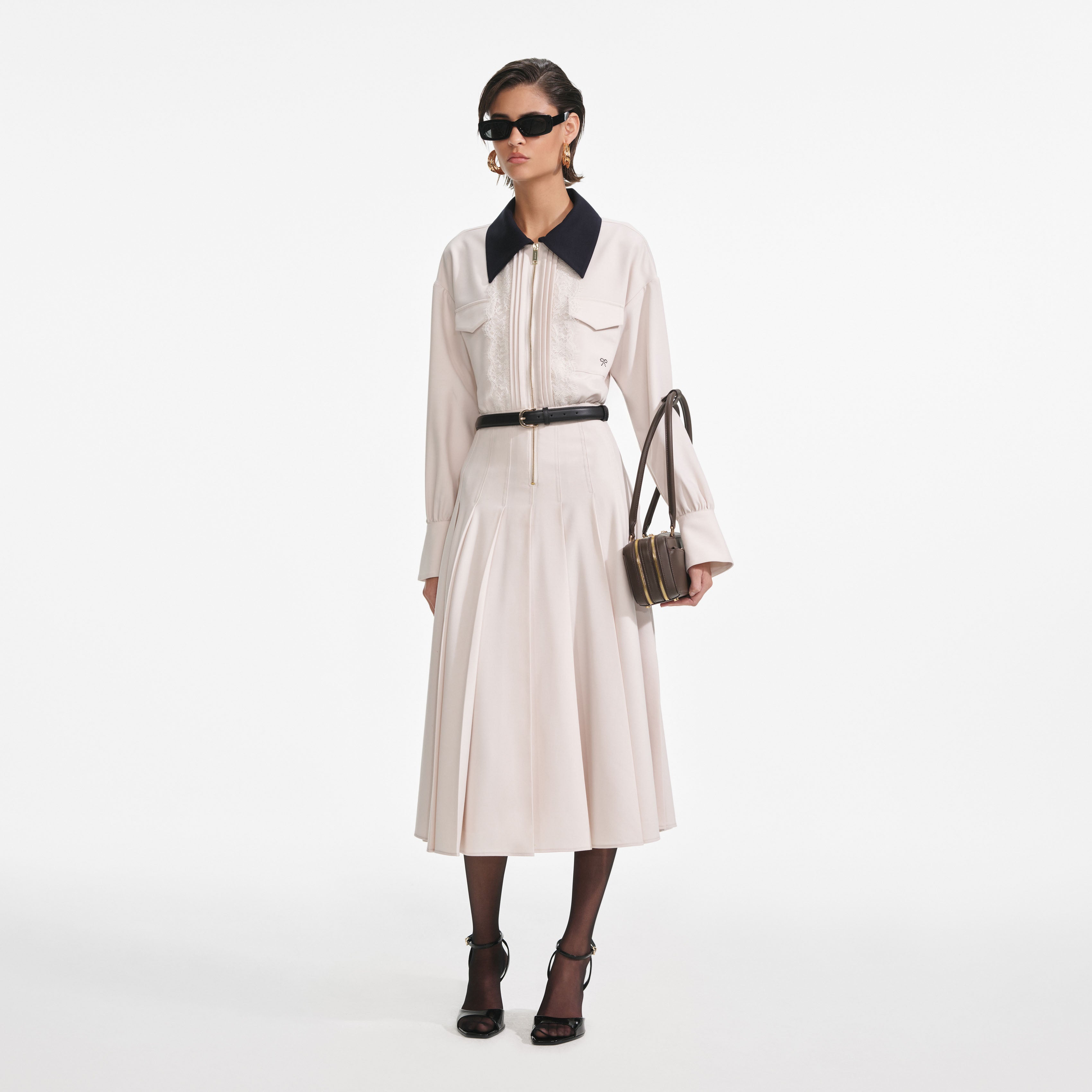 Cream Twill Contrast Collar Midi Dress