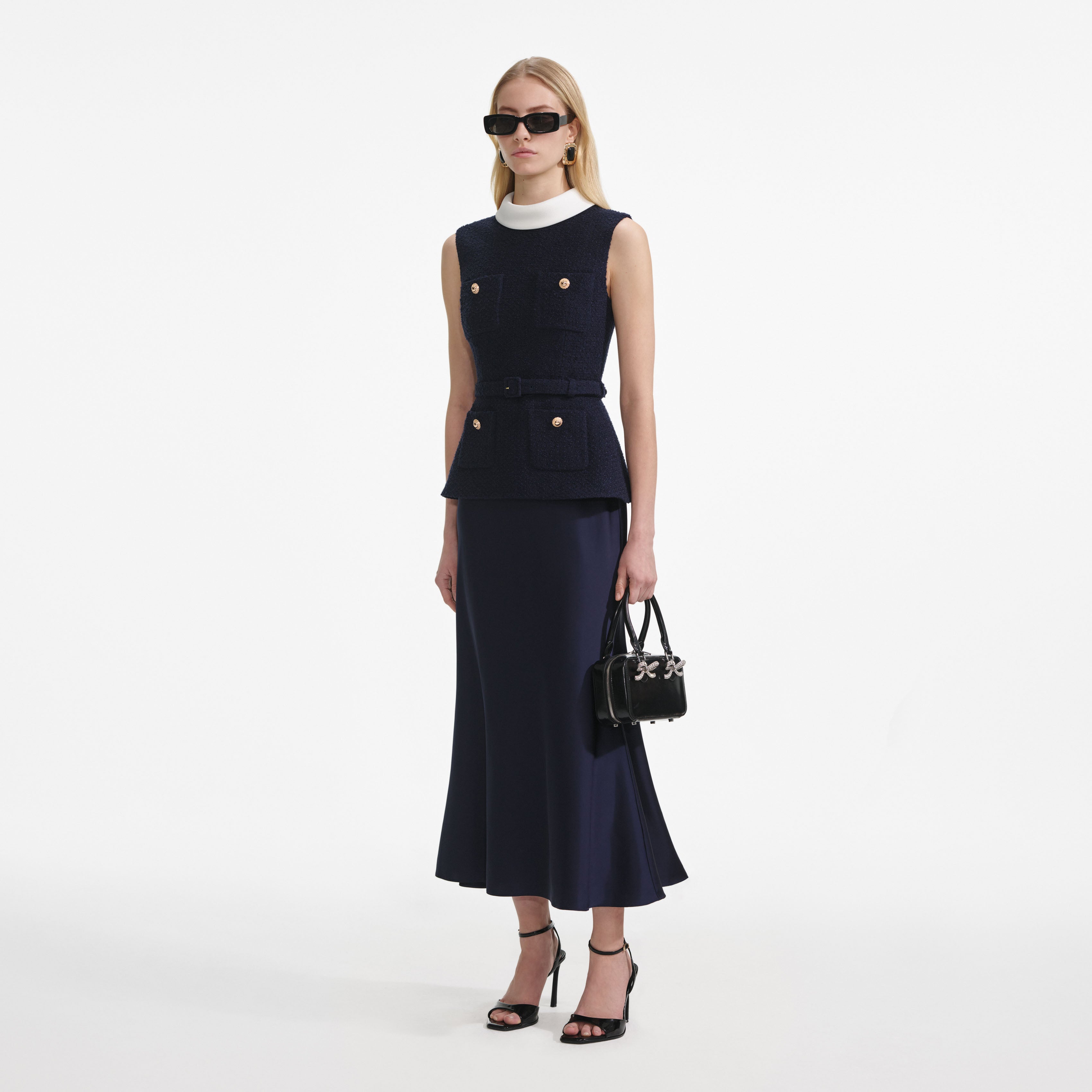 Navy Boucle Sleeveless Midi Dress