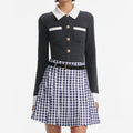 Navy Gingham Pleated Taffeta Mini Skirt