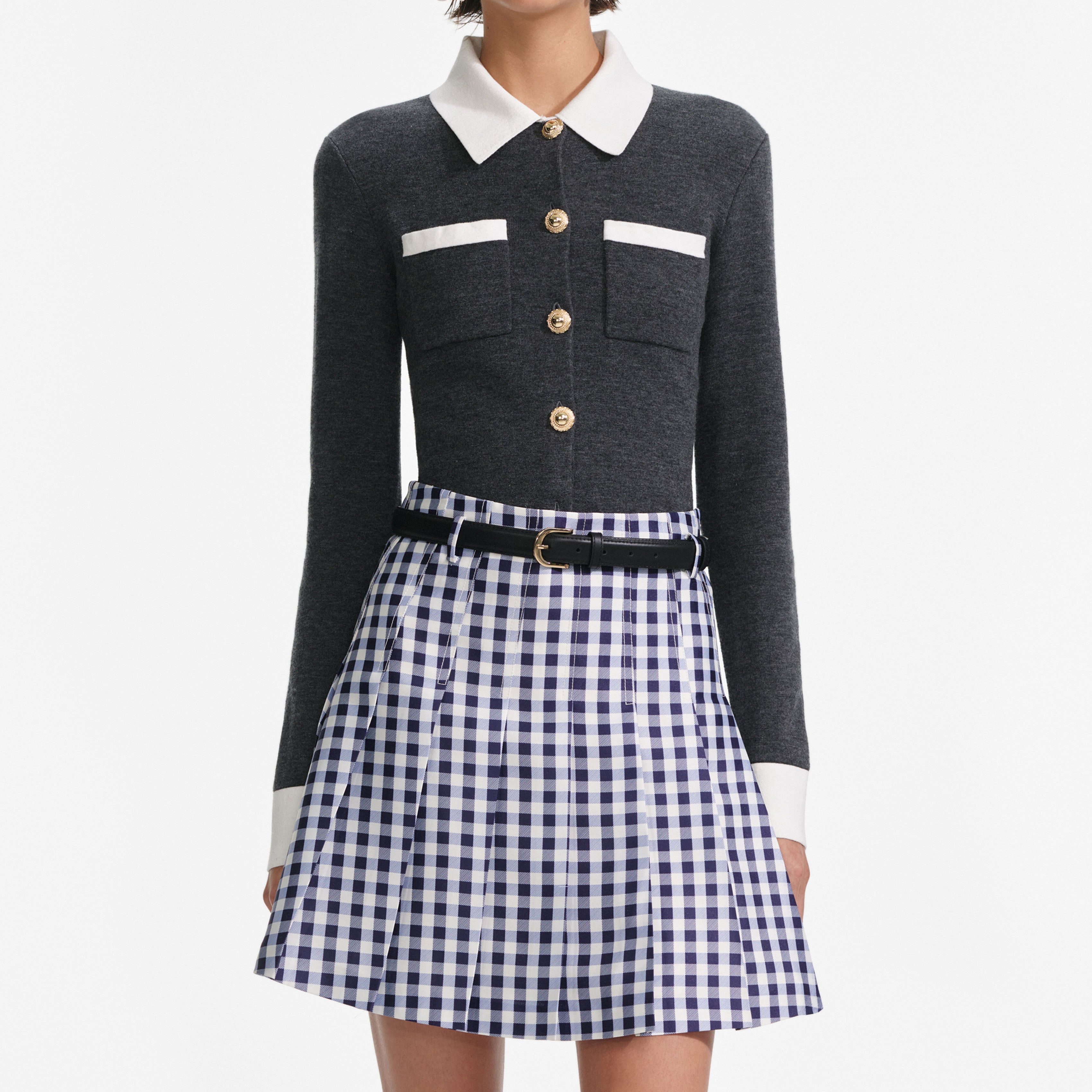 Navy Gingham Pleated Taffeta Mini Skirt