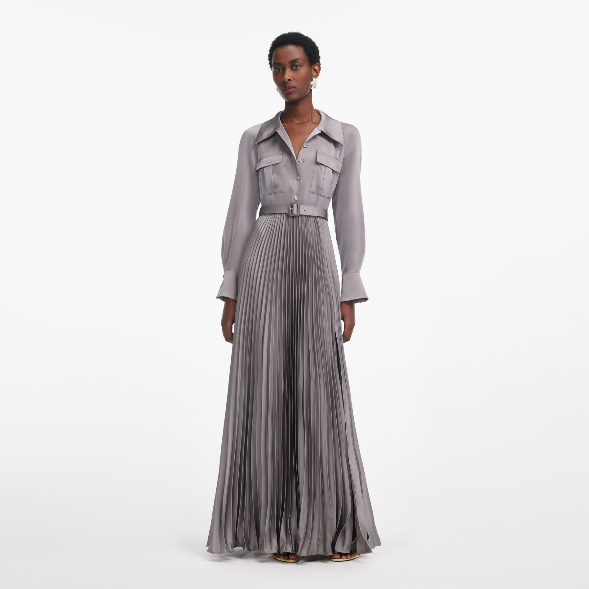 Grey Satin Pleated Maxi Dress