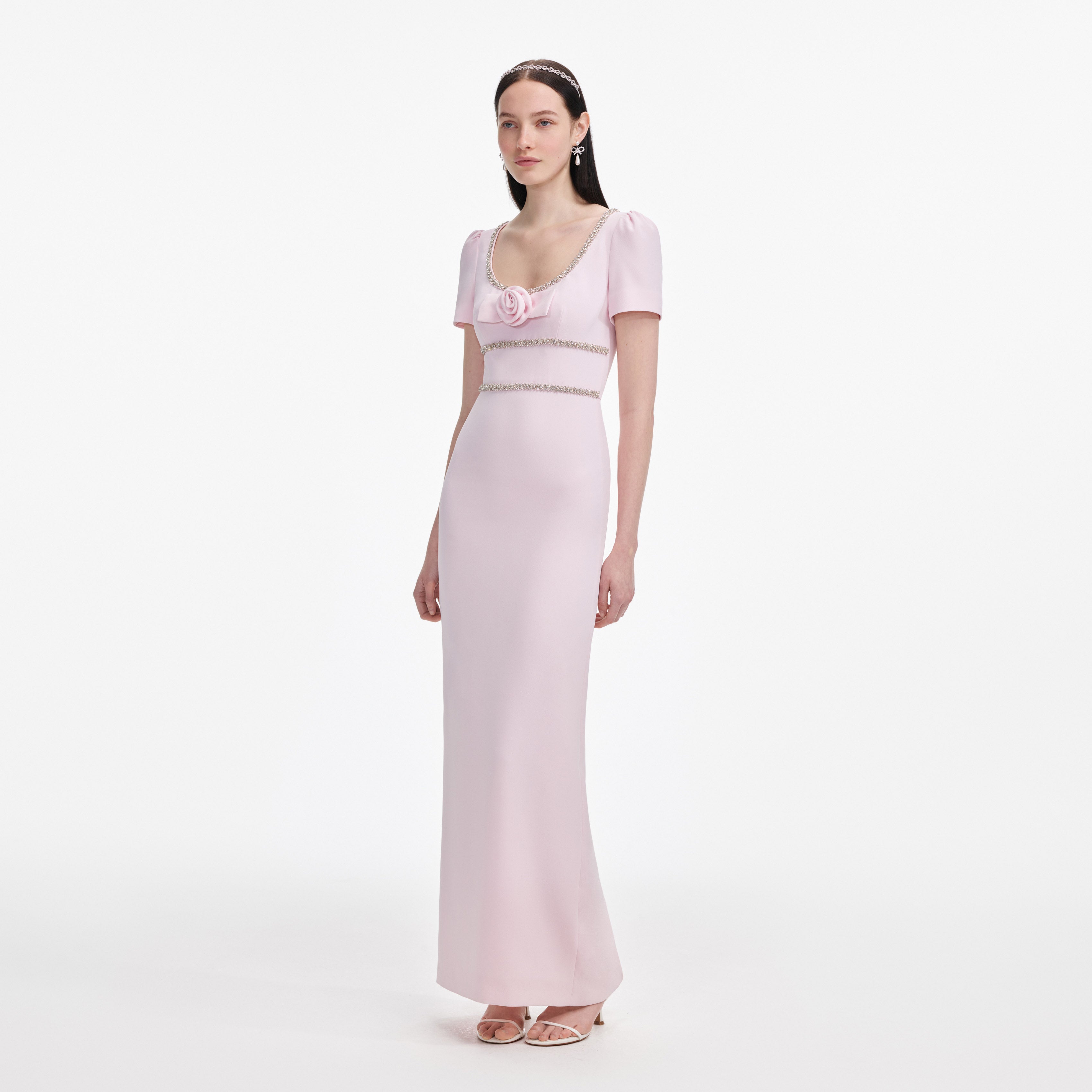 Pink Crepe Crystal Trim Maxi Dress