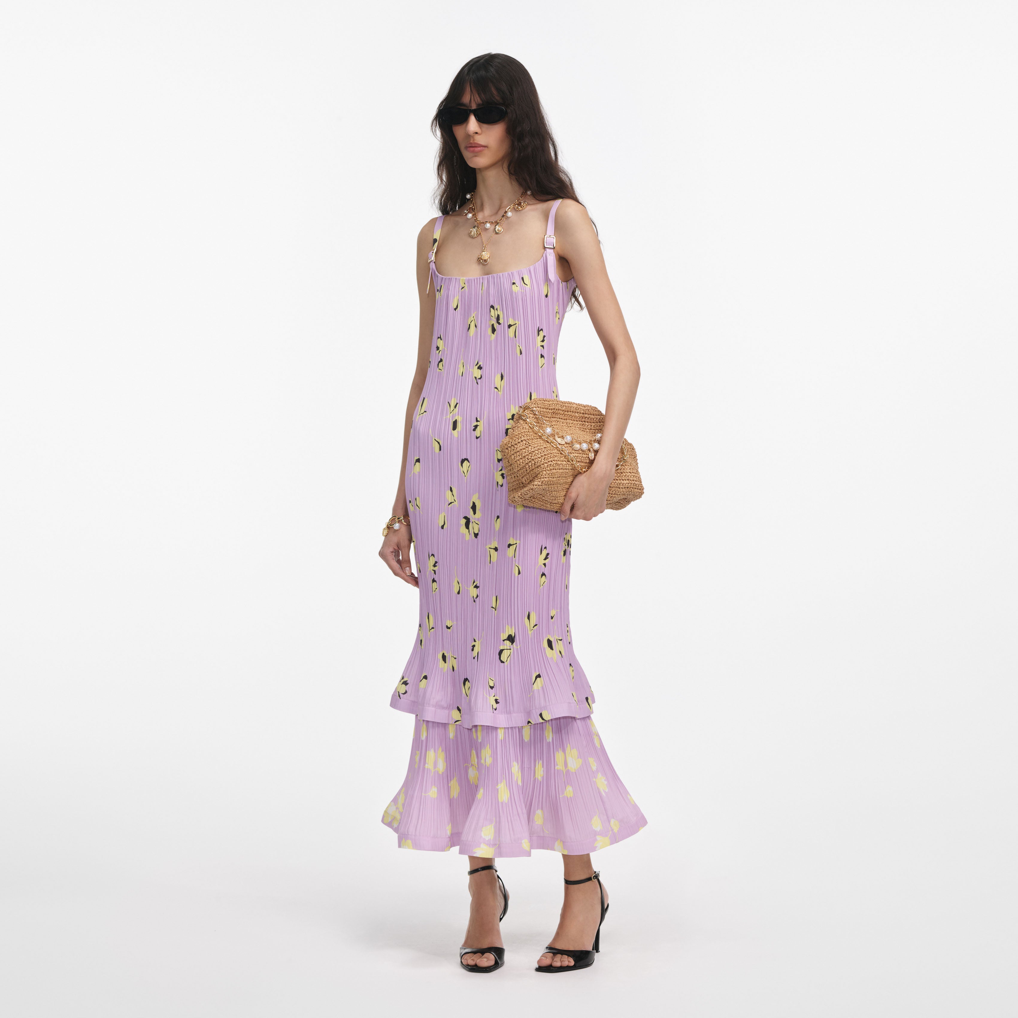Lilac Floral Plisse Midi Dress