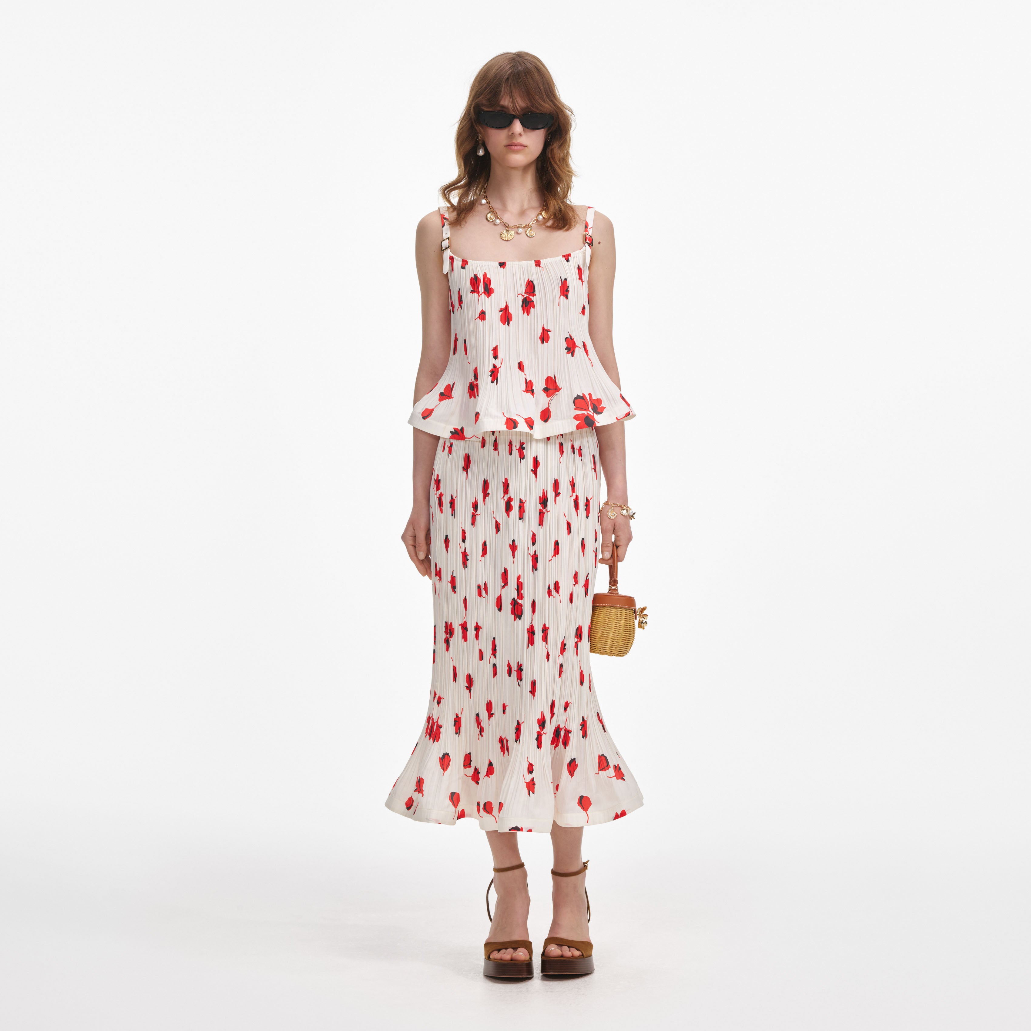 White Floral Plisse Midi Skirt