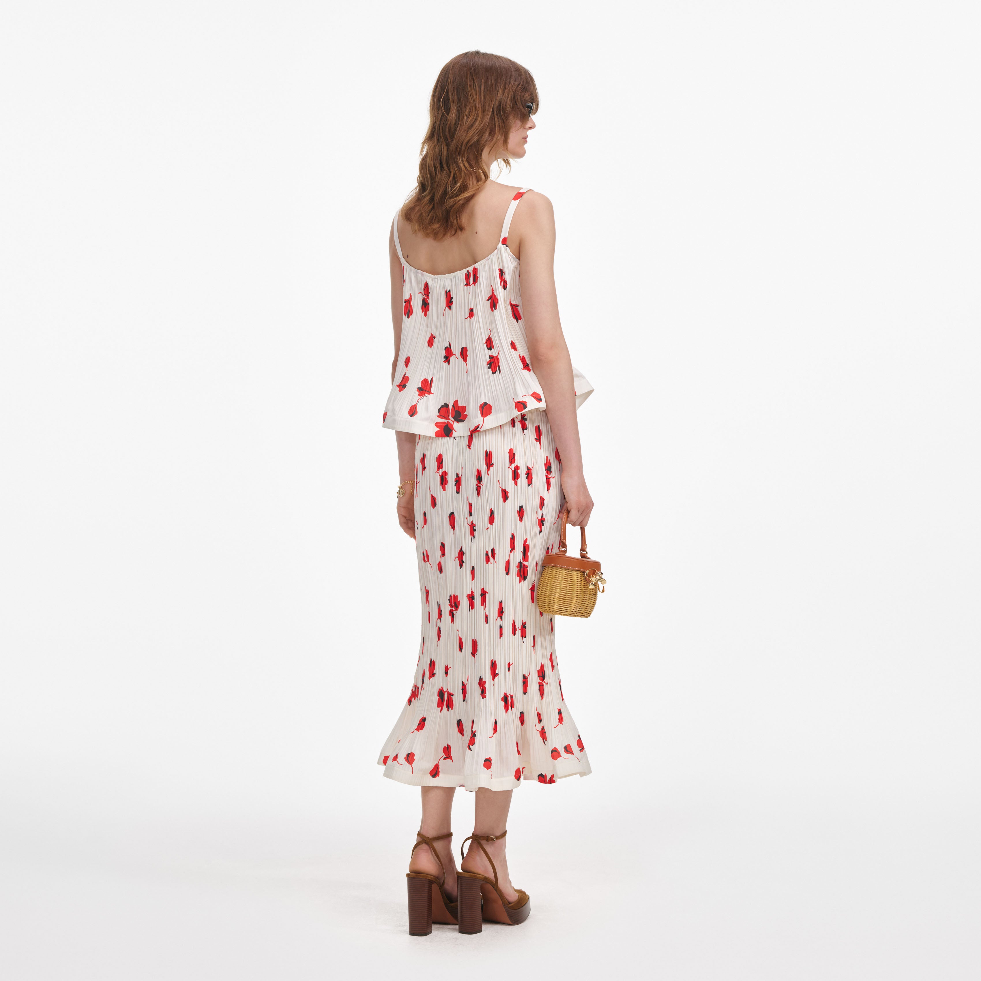 White Floral Plisse Midi Skirt