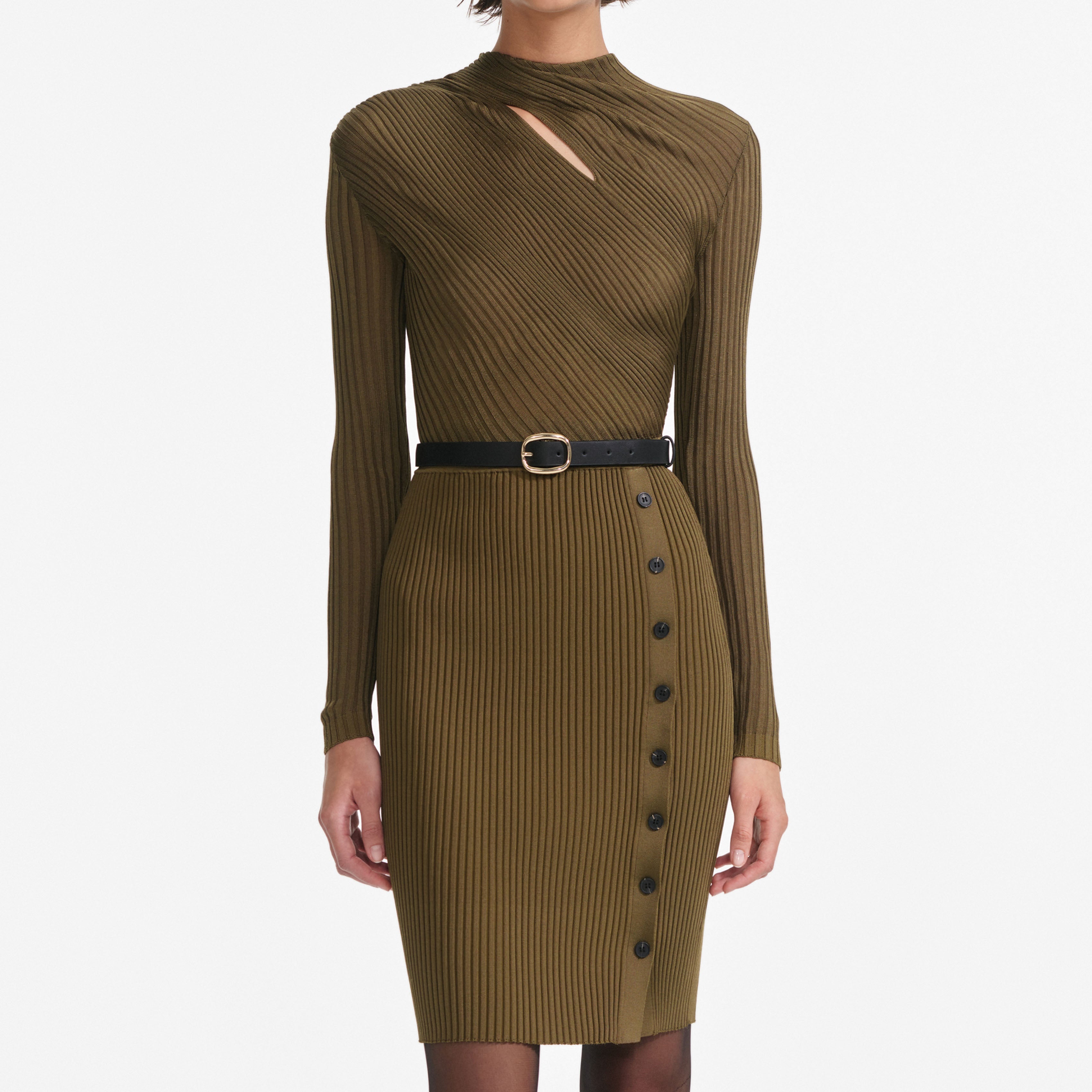 Khaki Cut Out Rib Knit Mini Dress