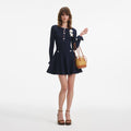 Navy Pointelle Knit Crochet Flower Mini Dress