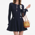 Navy Pointelle Knit Crochet Flower Mini Dress