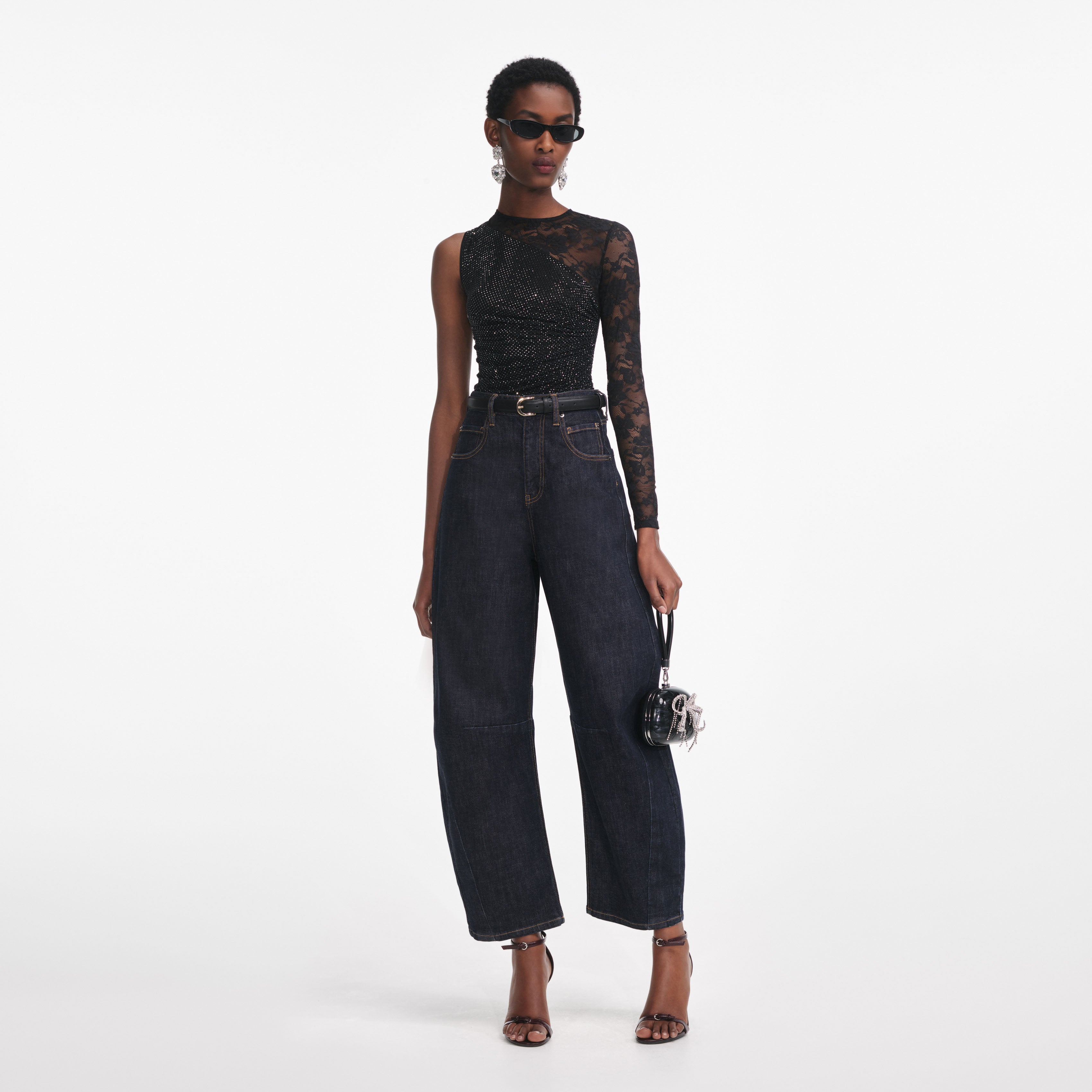 Black Rhinestone Lace Sleeve Top