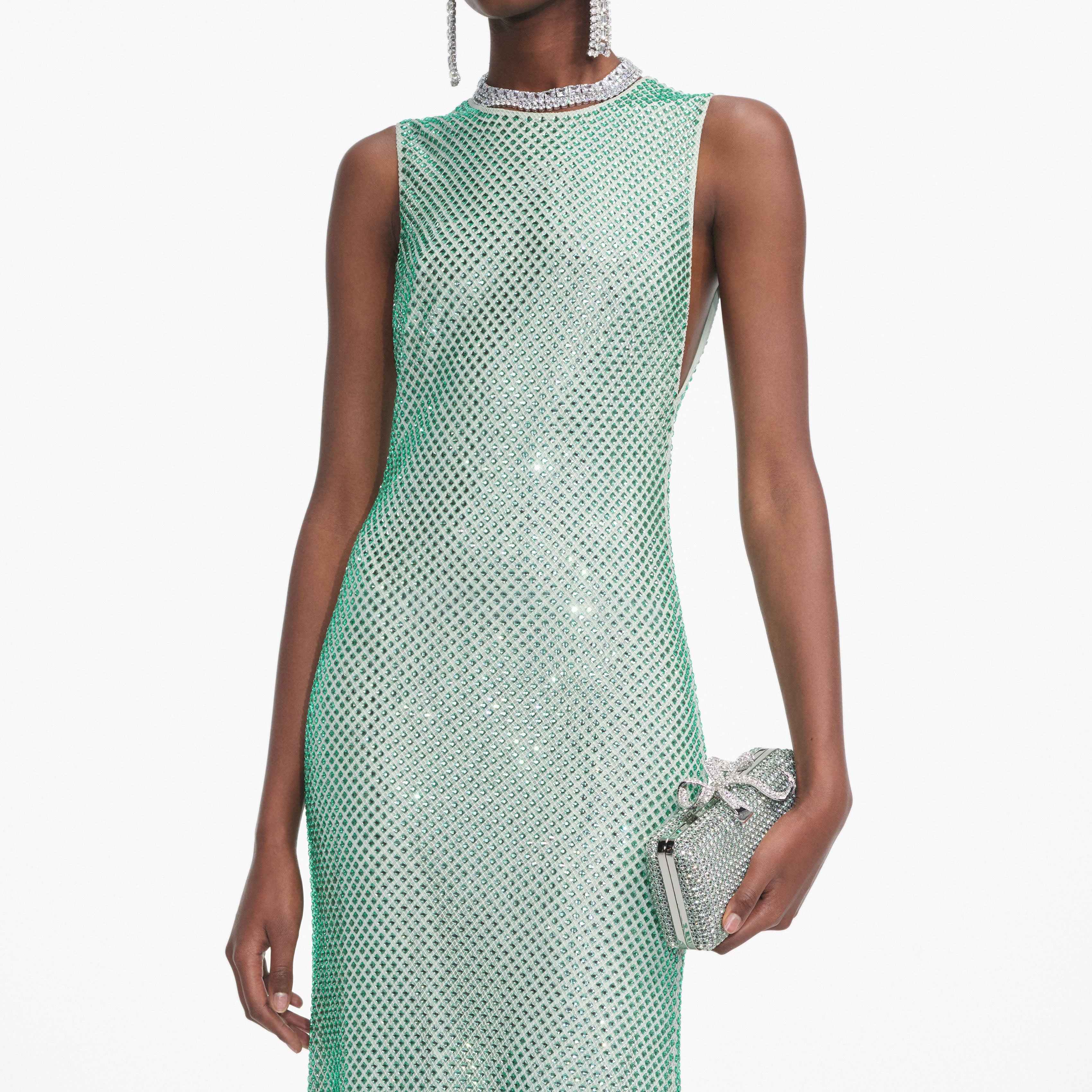Mint Rhinestone Mesh Midi Dress