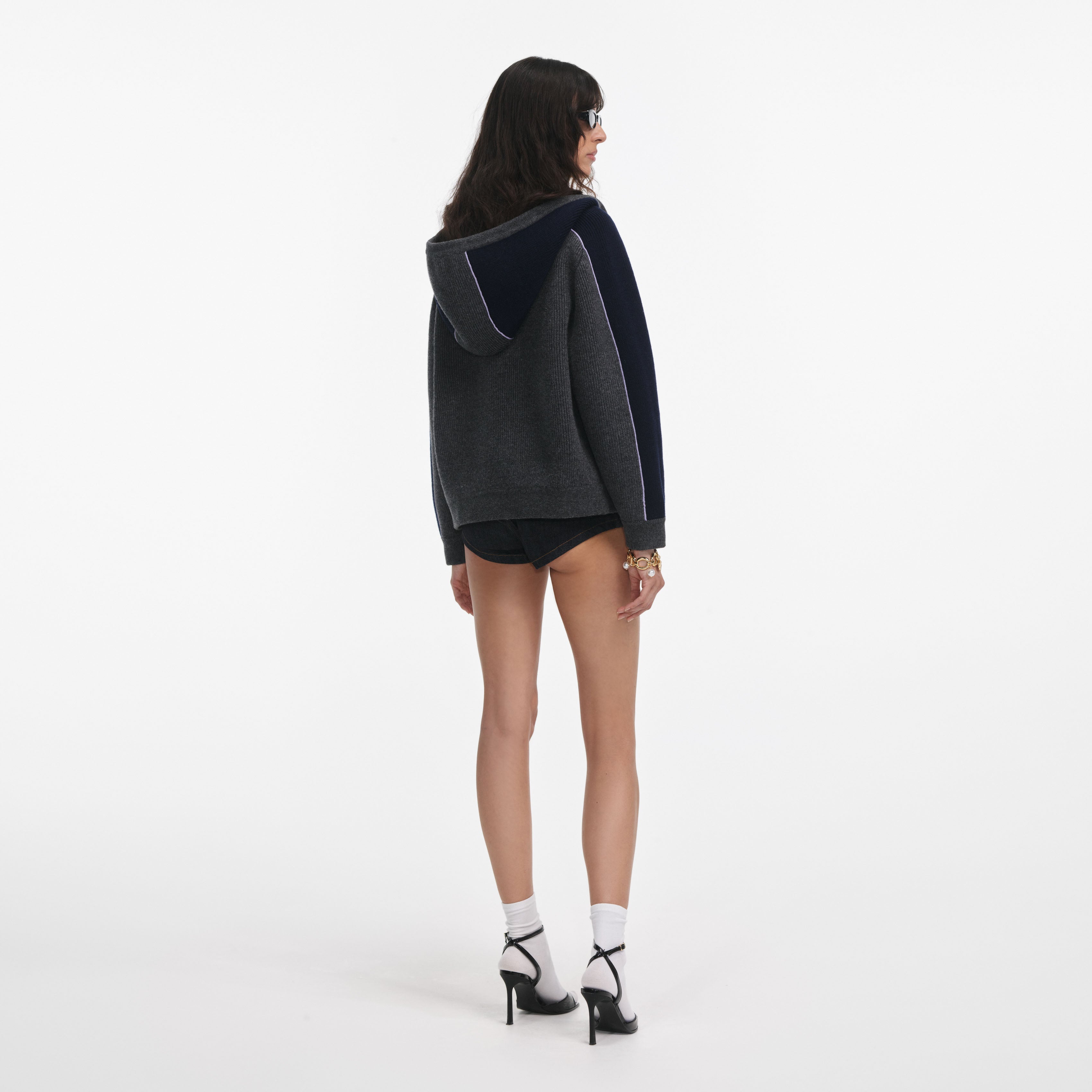 Grey Ribbed Knit Hoodie