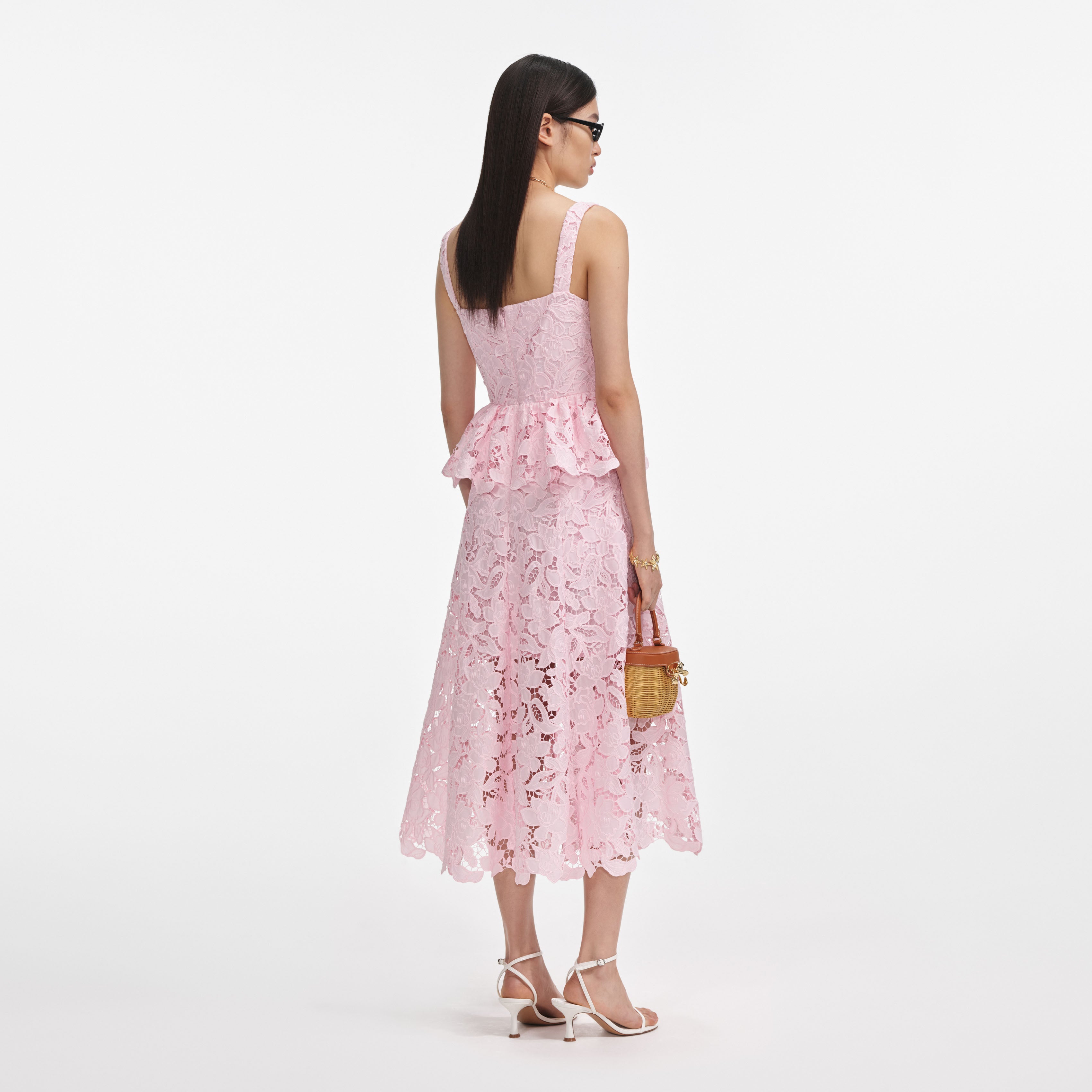 Pink Lace Peplum Midi Dress