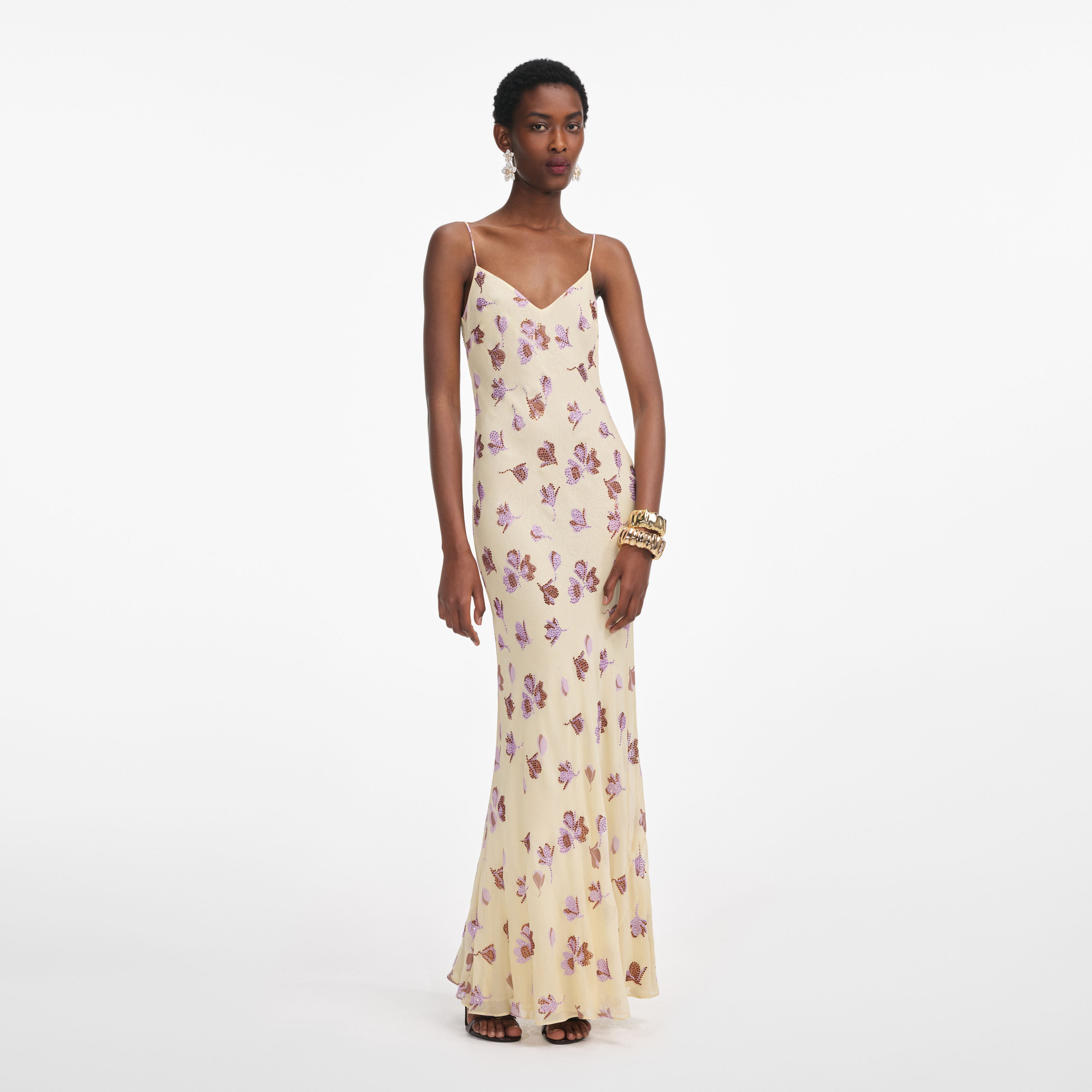Yellow Floral Rhinestone Maxi Dress