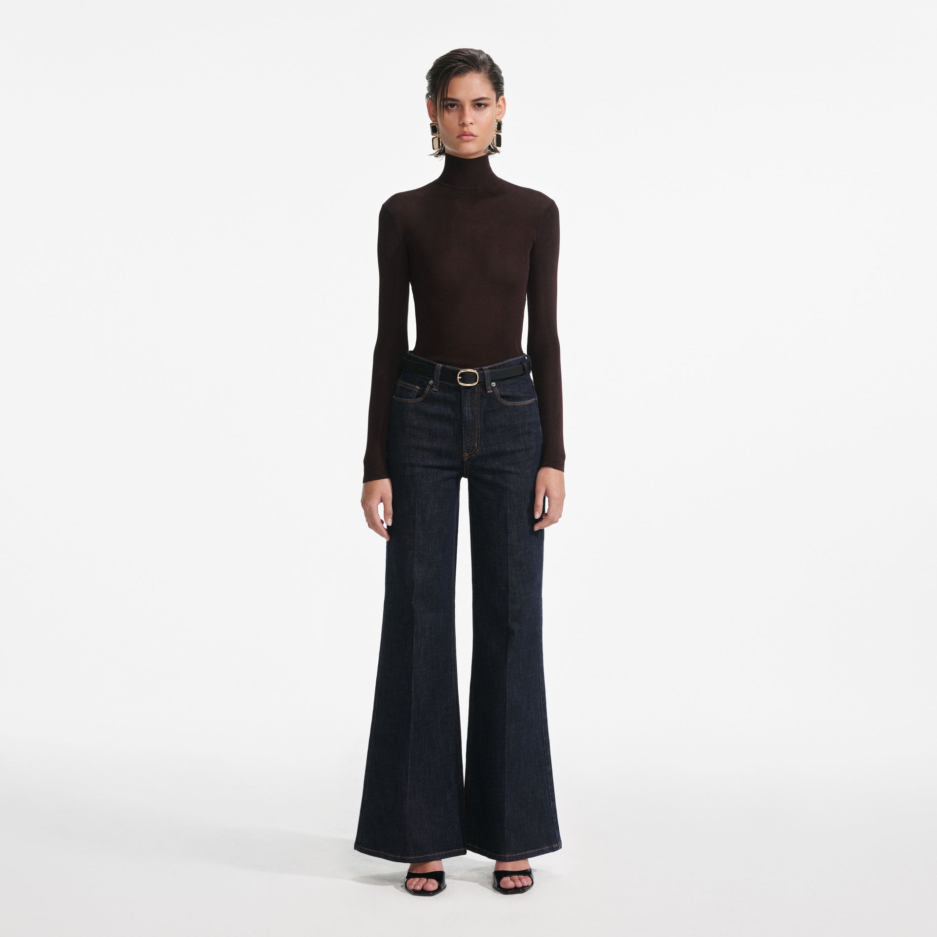 Front view of a woman wearing the Brown Viscose Knit Top