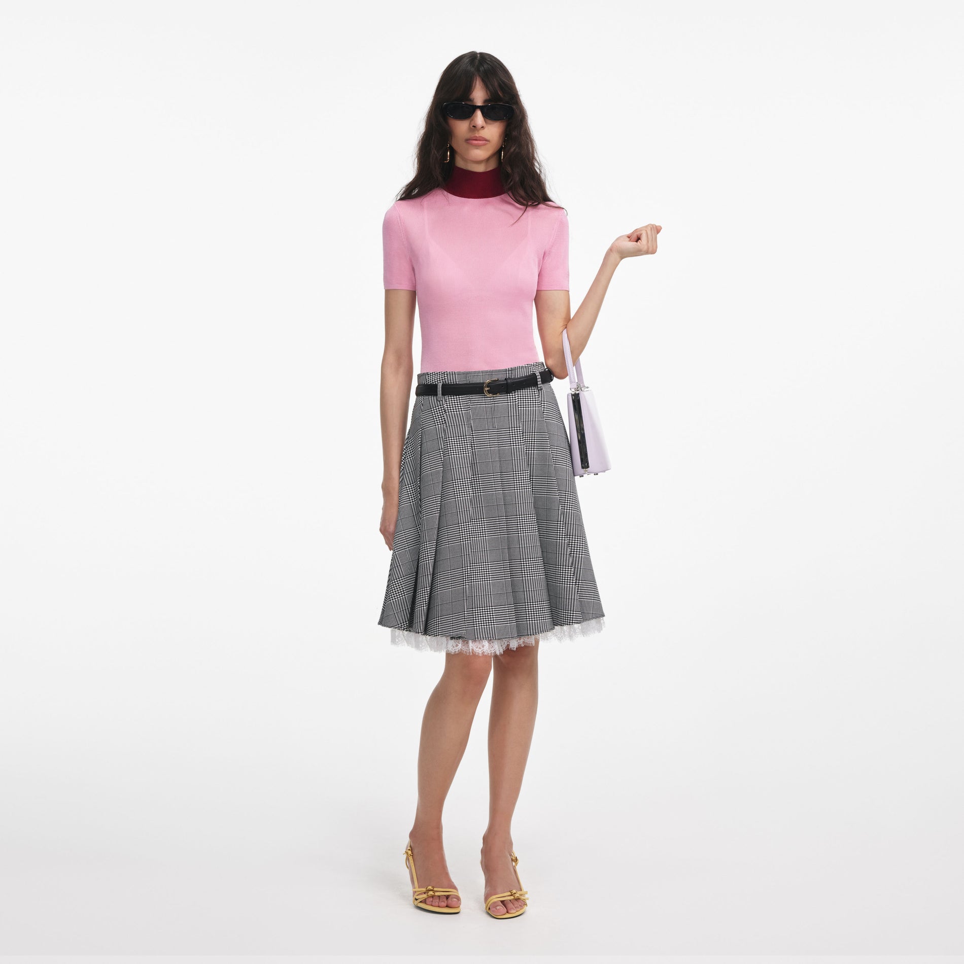 Front view of a woman wearing the Pink Viscose Knit Short Sleeve Top