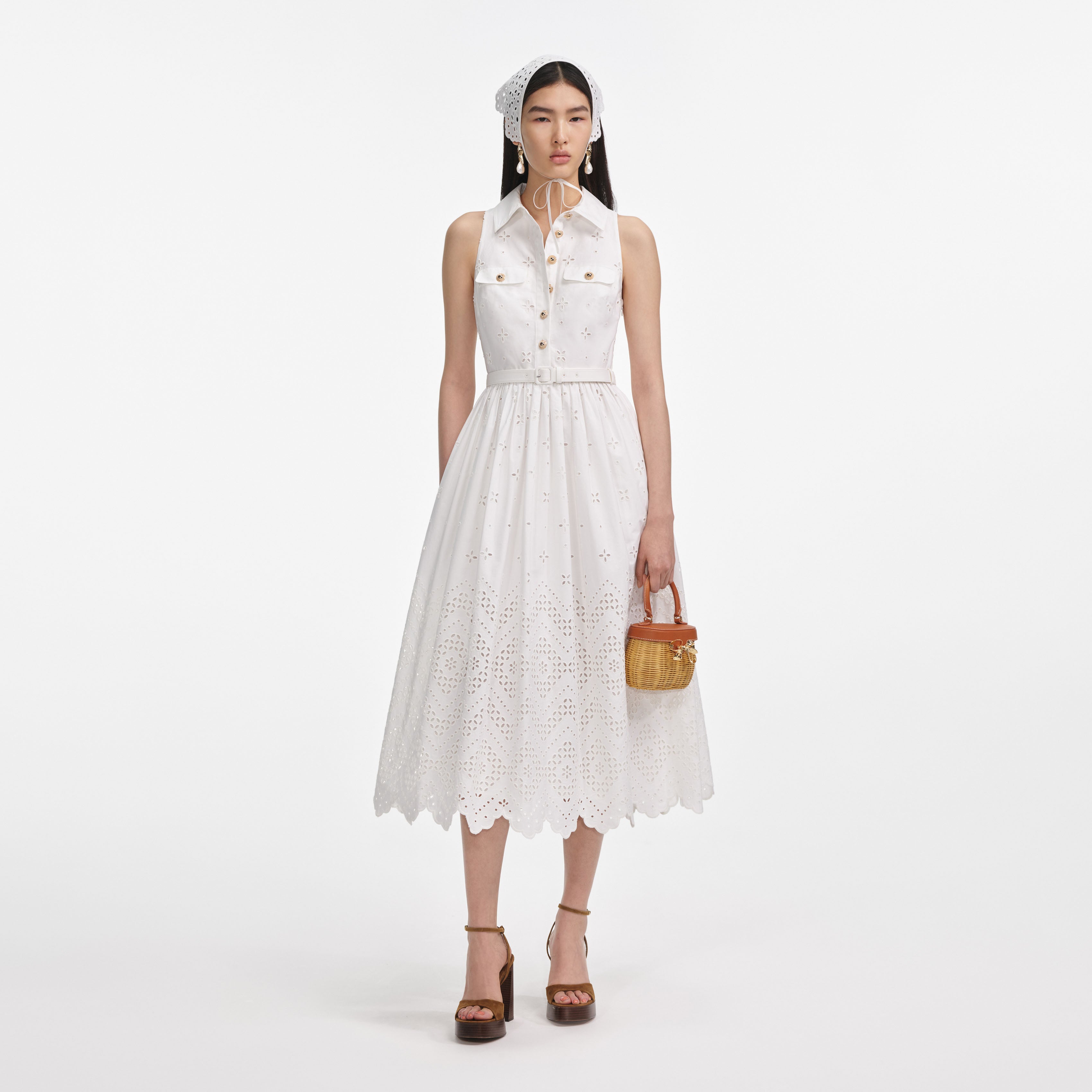 White Cotton Broderie Collared Midi Dress