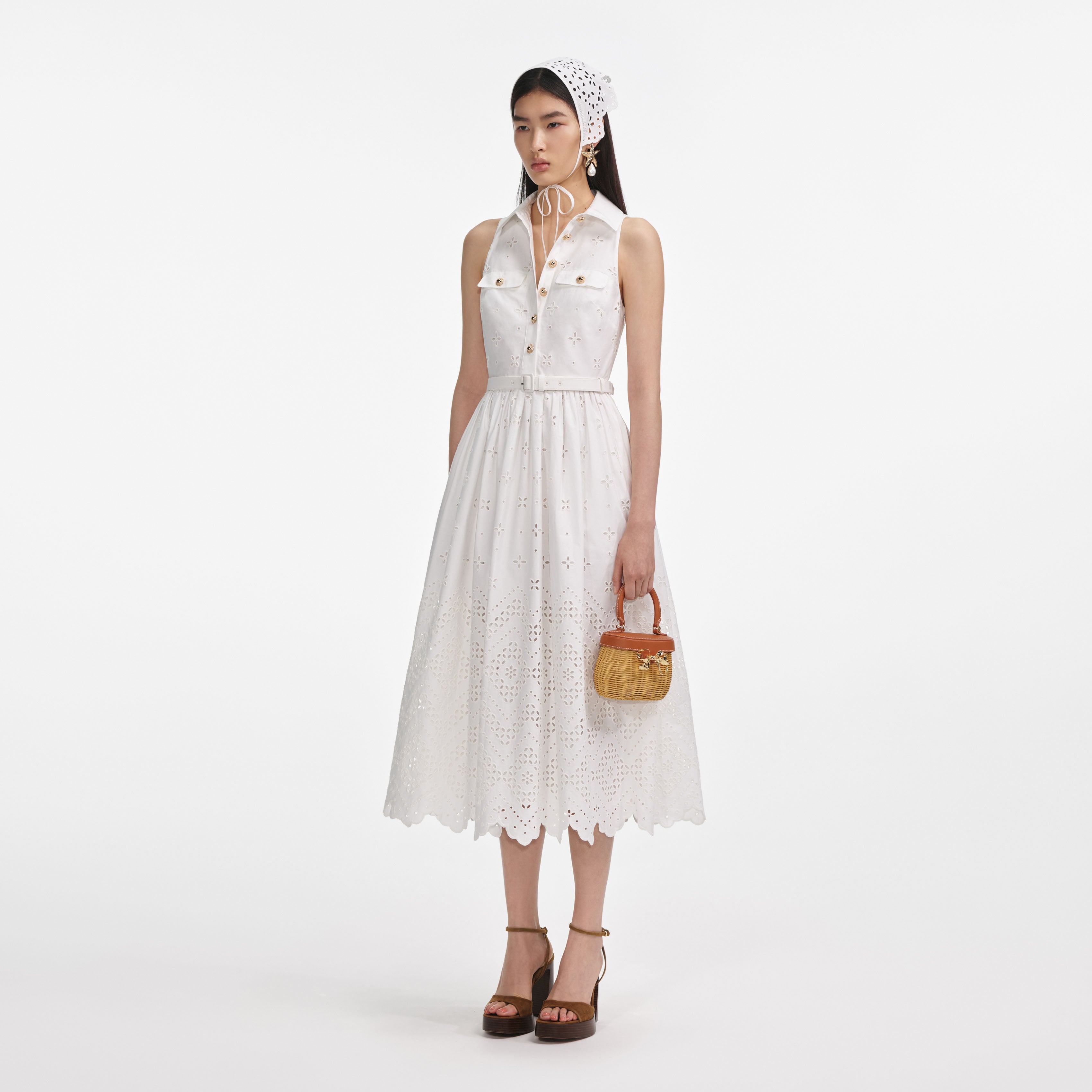 White Cotton Broderie Collared Midi Dress