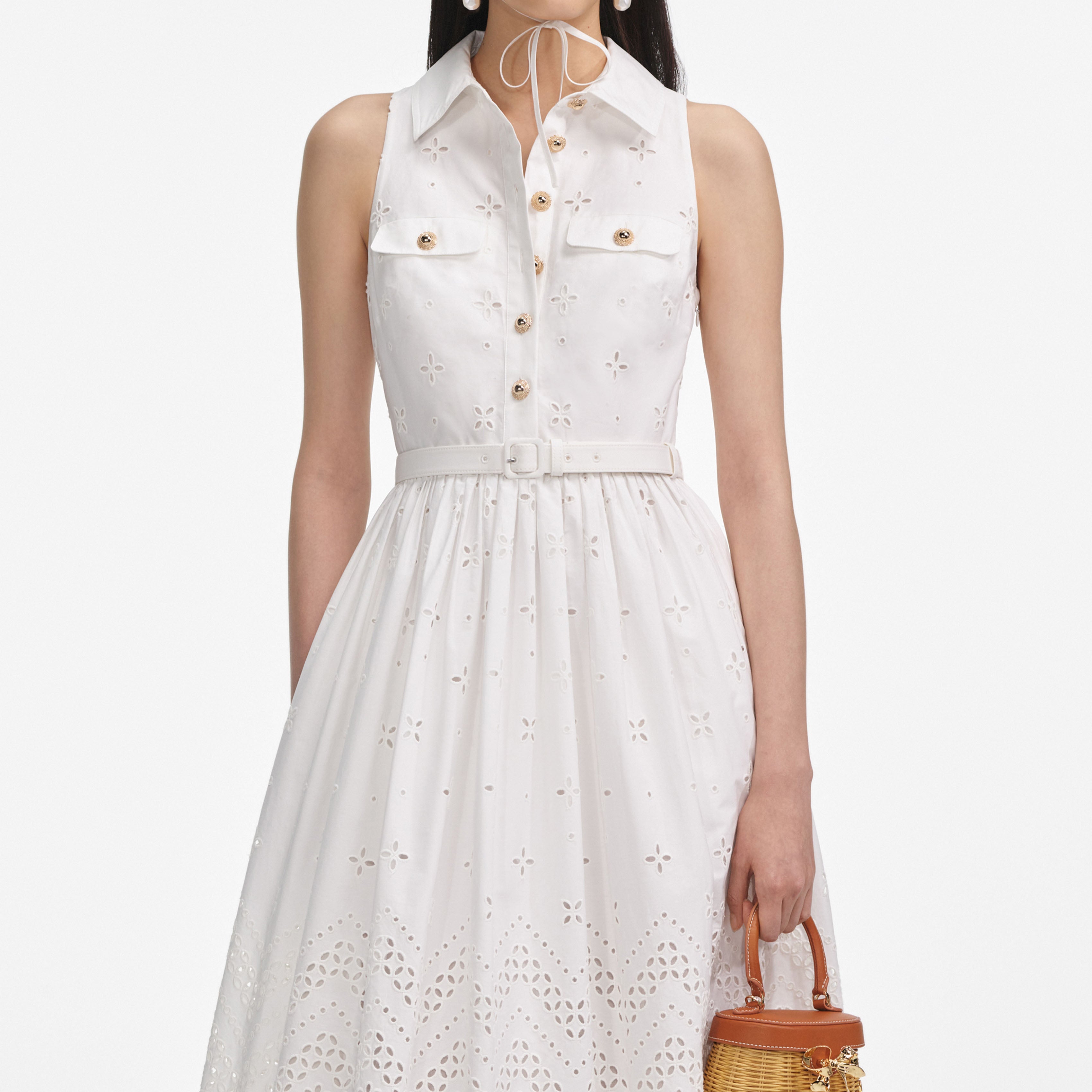 White Cotton Broderie Collared Midi Dress