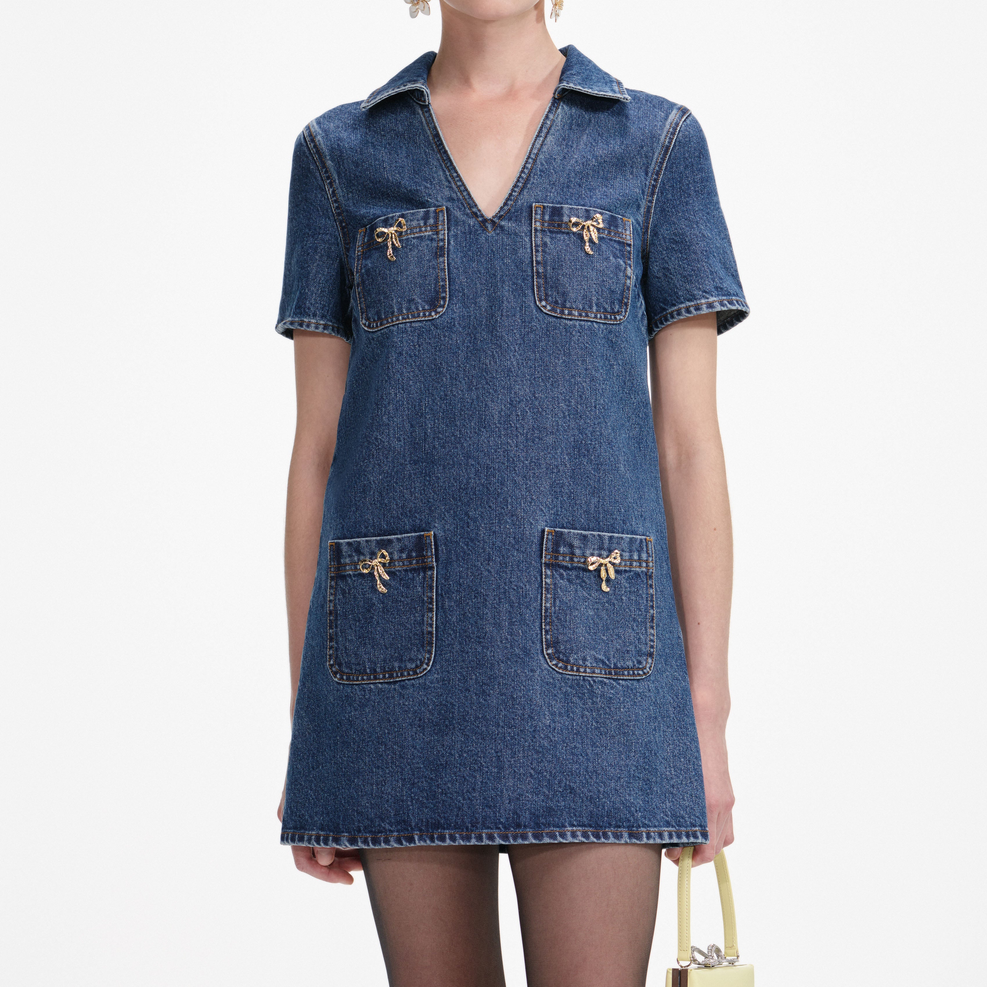 Denim Crystal Bow Mini Dress