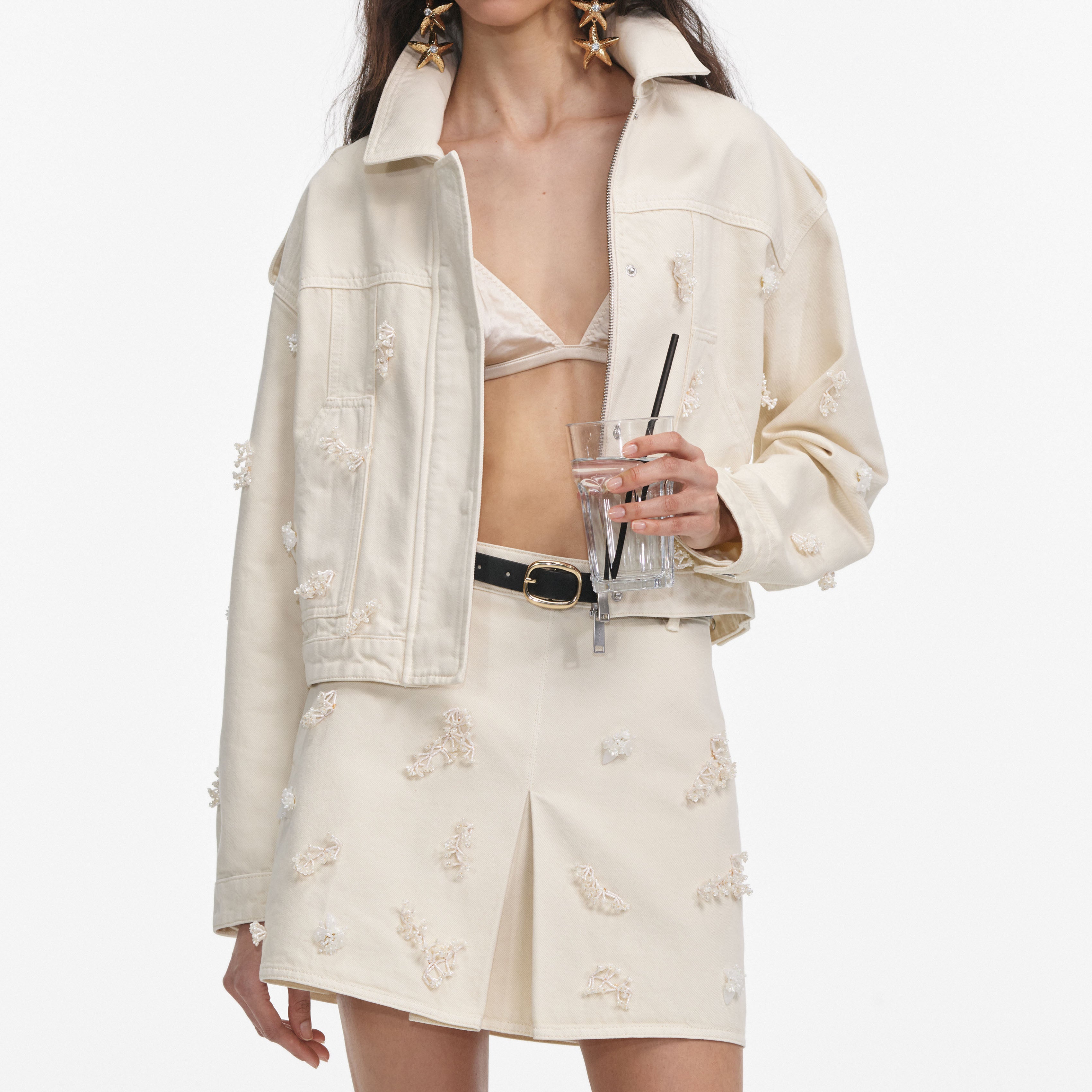 Cream Denim Beaded Floral Jacket