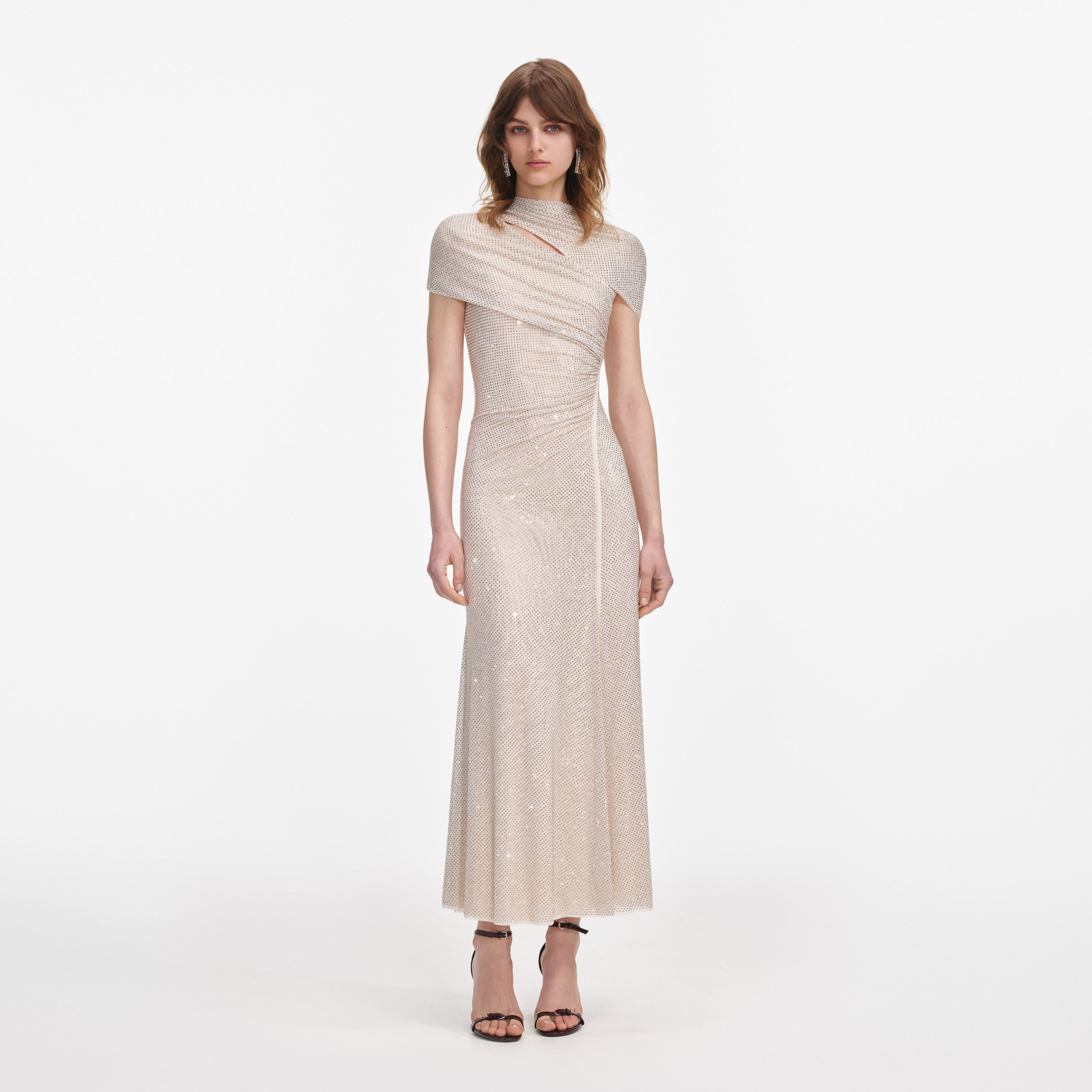 Champagne Rhinestone Mesh Cut Out Midi Dress