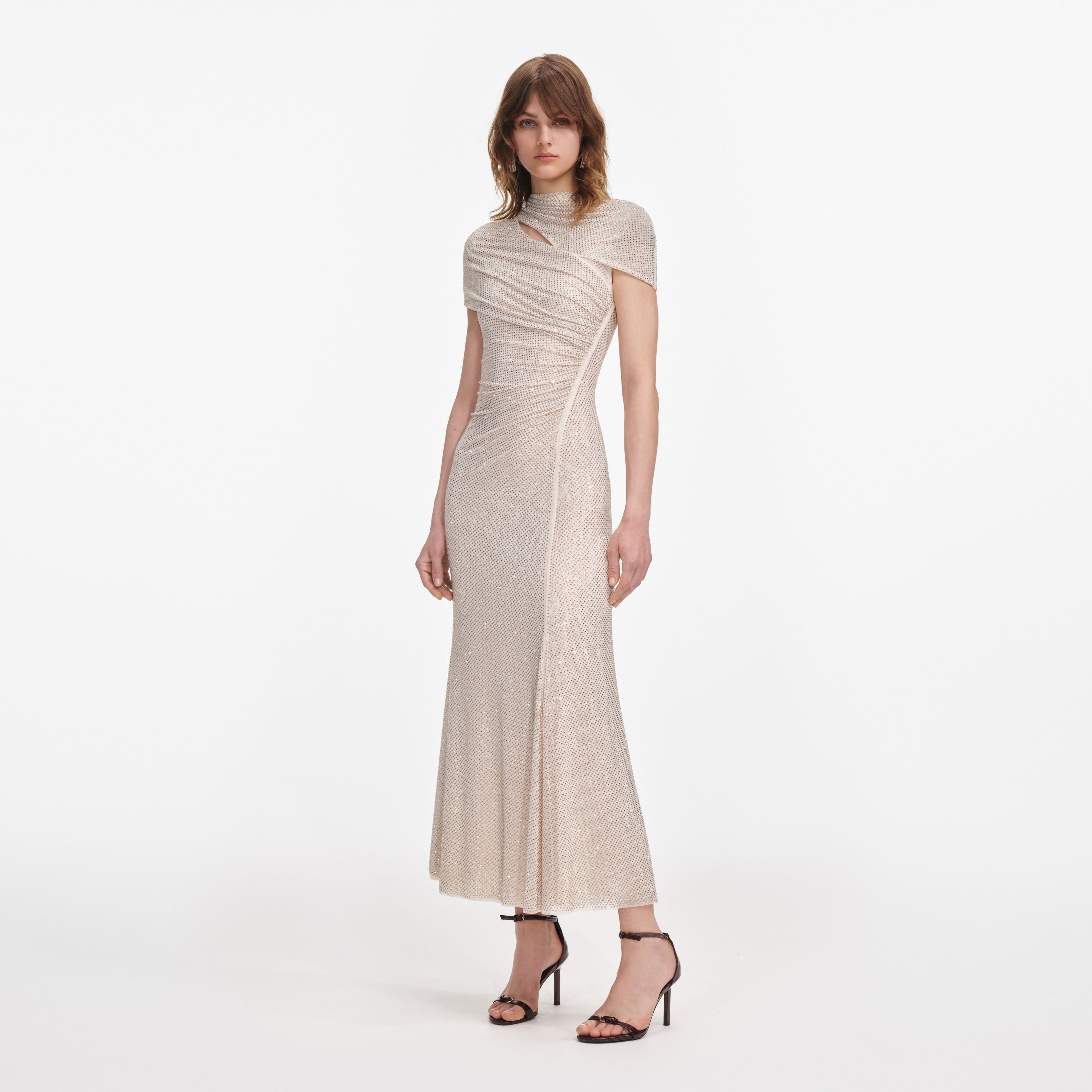 Champagne Rhinestone Mesh Cut Out Midi Dress