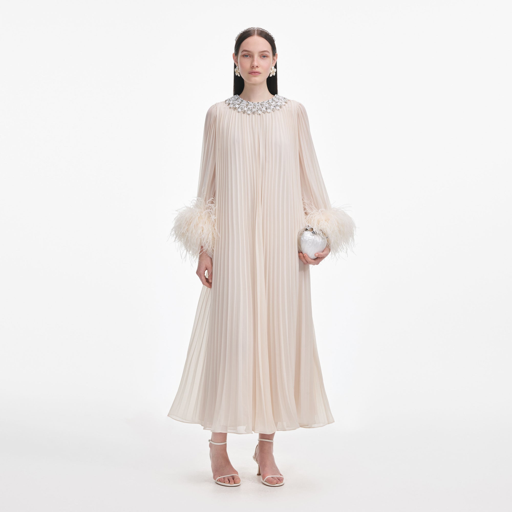 Front view of a woman wearing the Cream Chiffon Feather Midi Dress