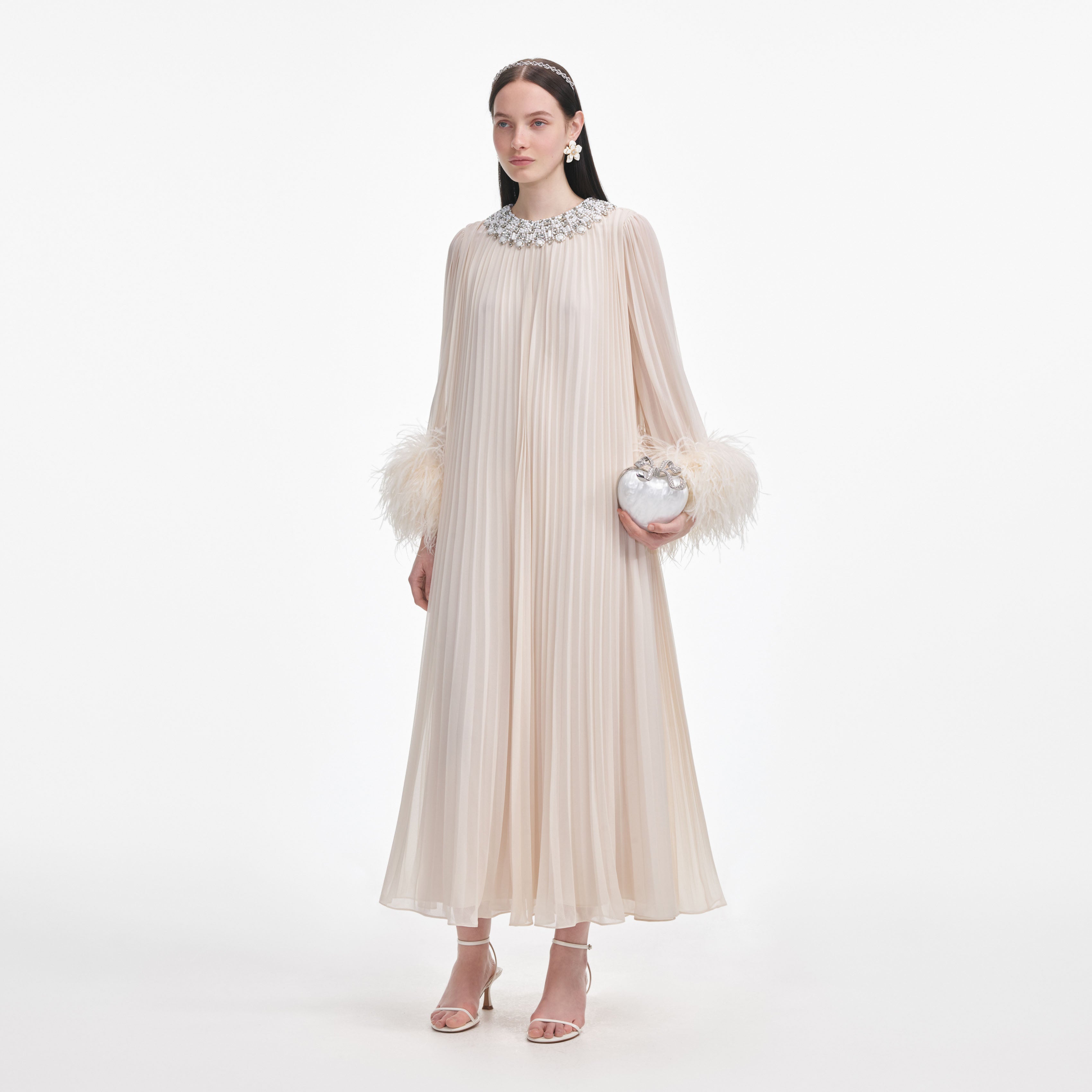 Cream Chiffon Feather Midi Dress