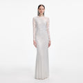 White Rhinestone Lace Sleeves Maxi Dress