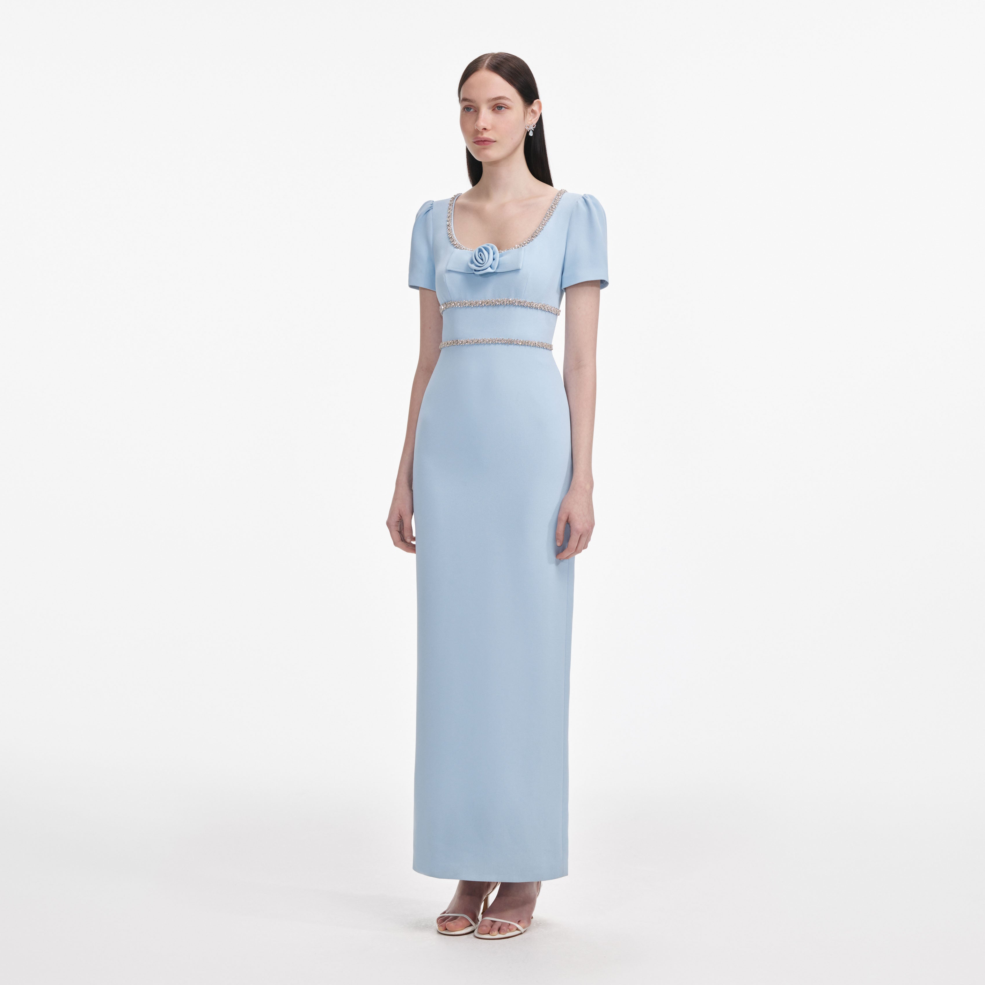 Blue Crepe Crystal Trim Maxi Dress
