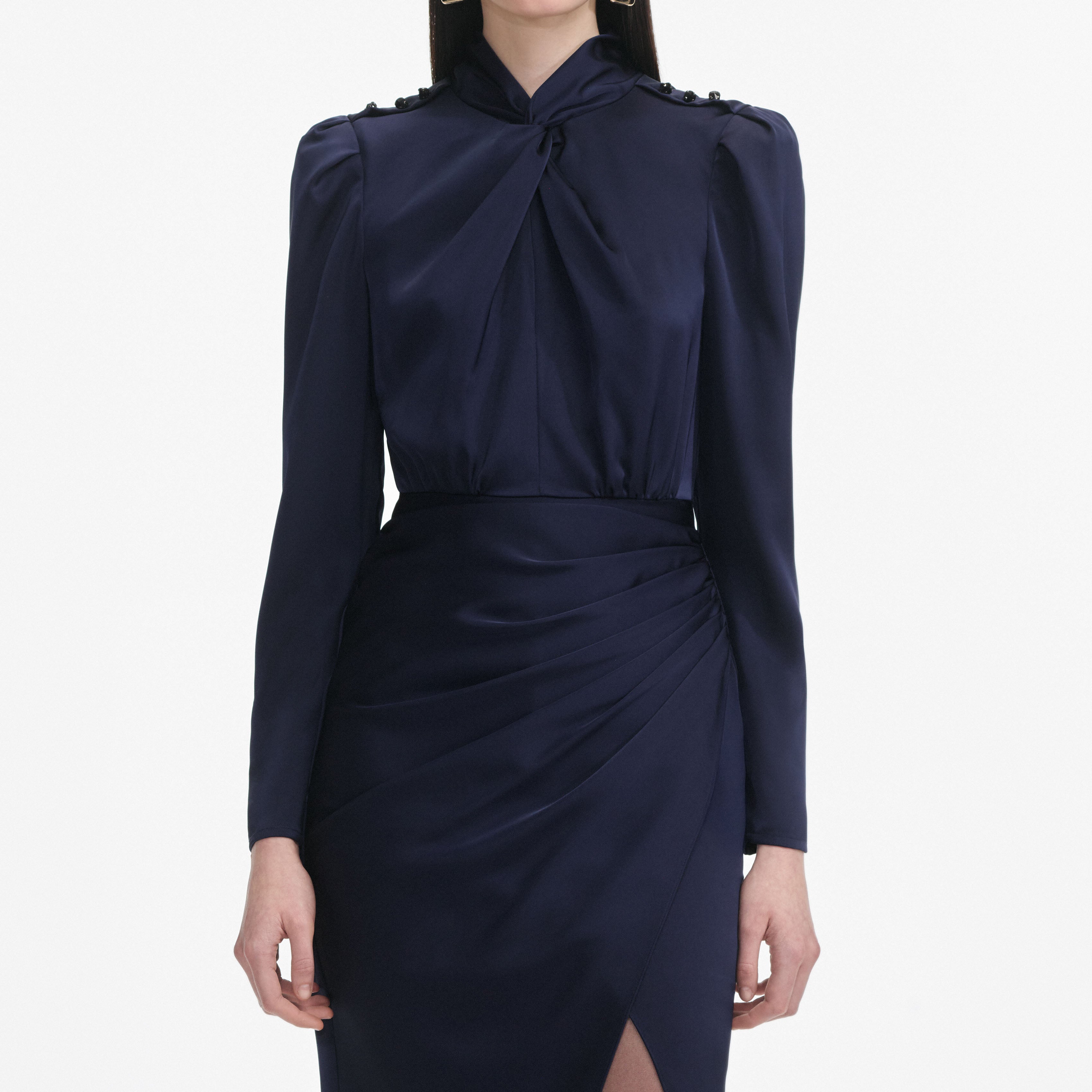 Navy Satin Midi Dress