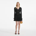 Black Pointelle V Neck Knit Mini Dress