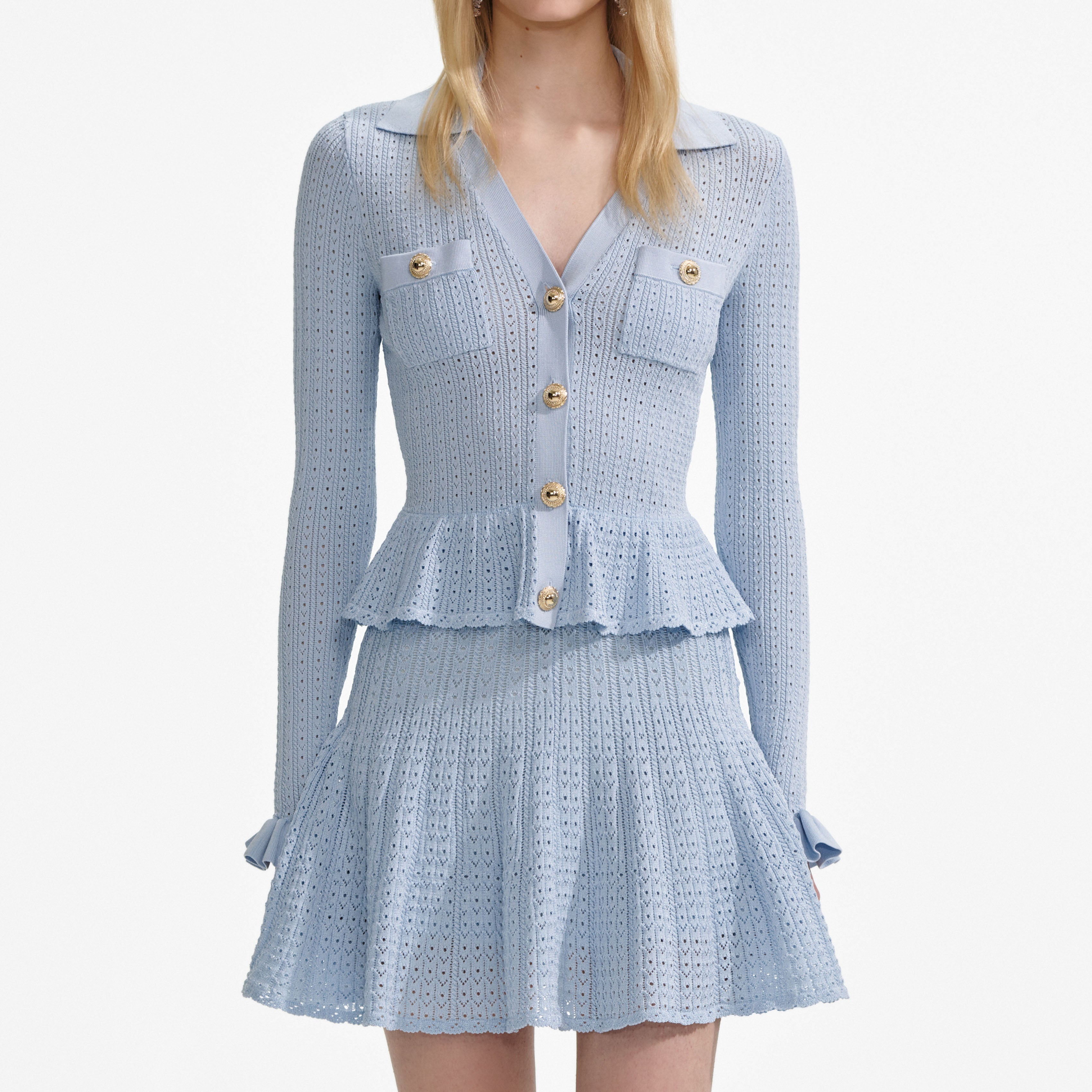 Blue Pointelle Knit Mini Dress