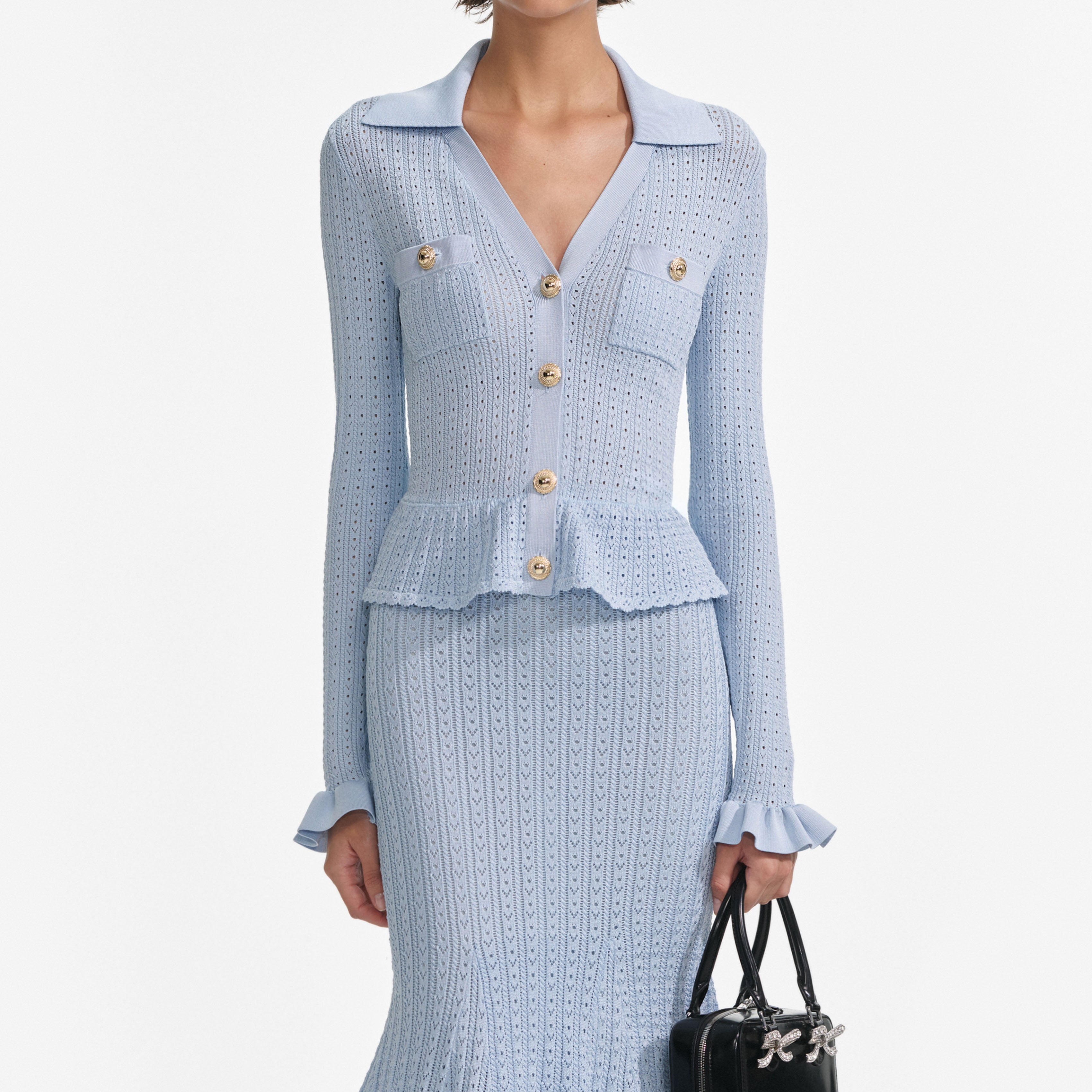 Blue Pointelle Peplum Knit Midi Dress