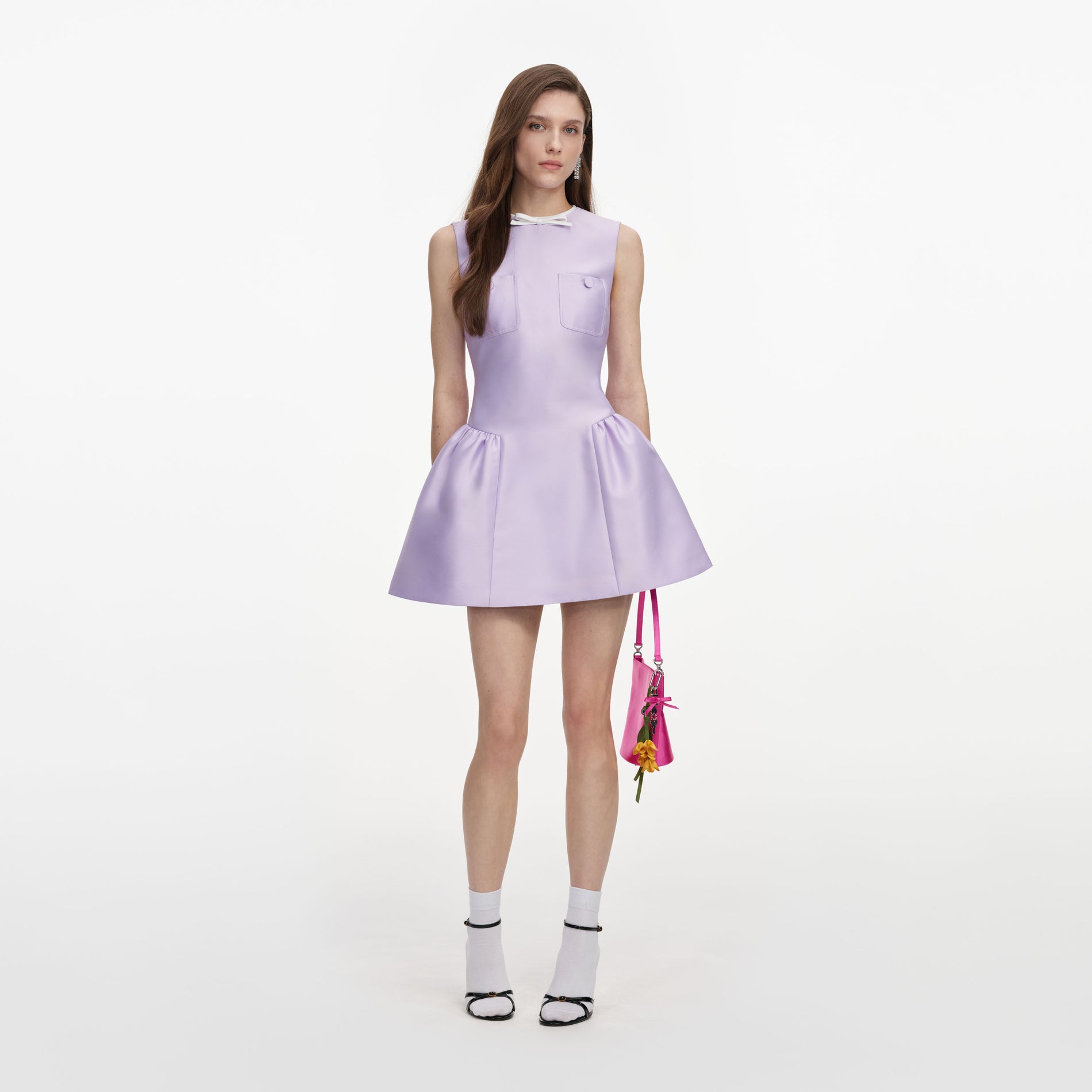 Front view of a woman wearing the Lilac Taffeta Mini Dress