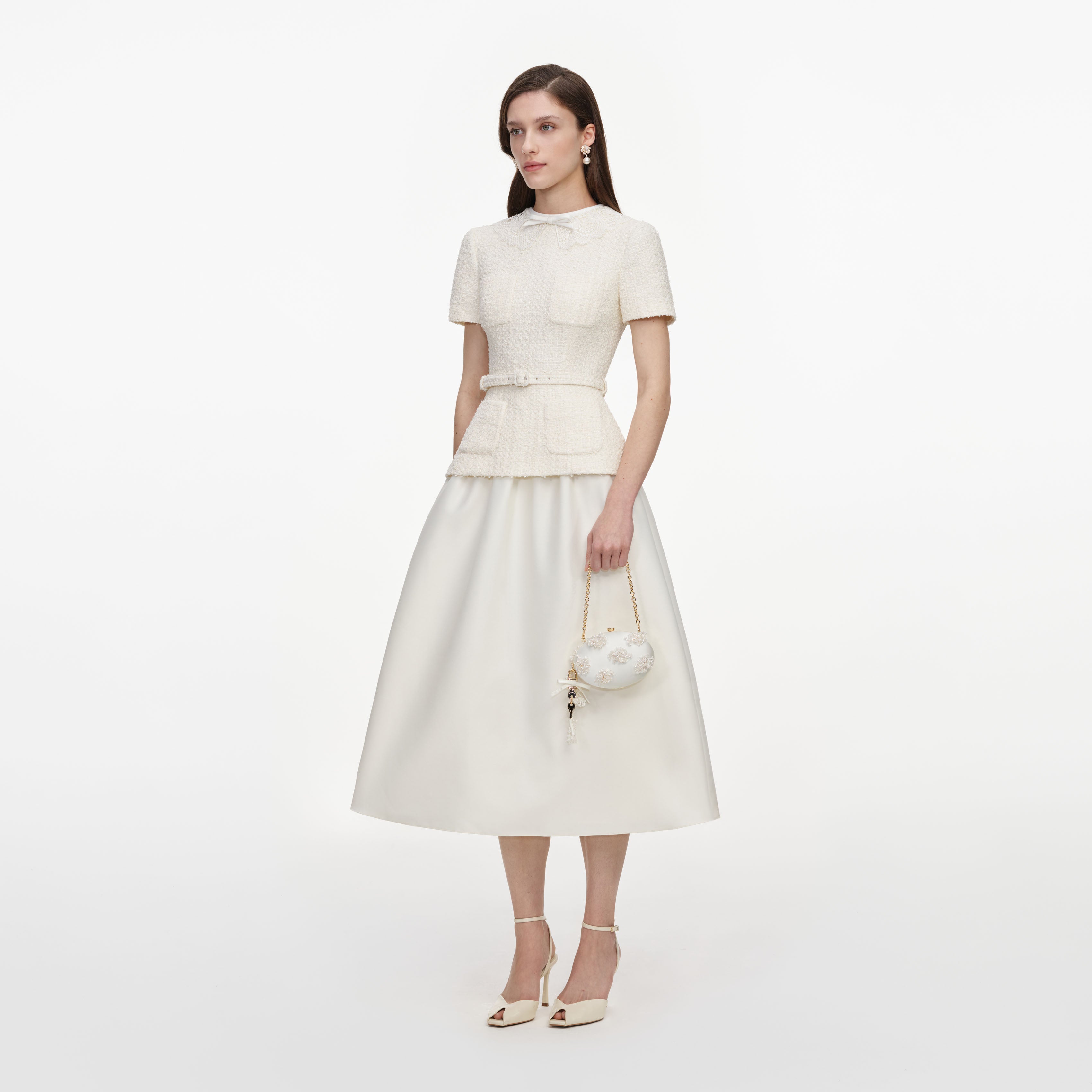 Cream Boucle Taffeta Midi Dress