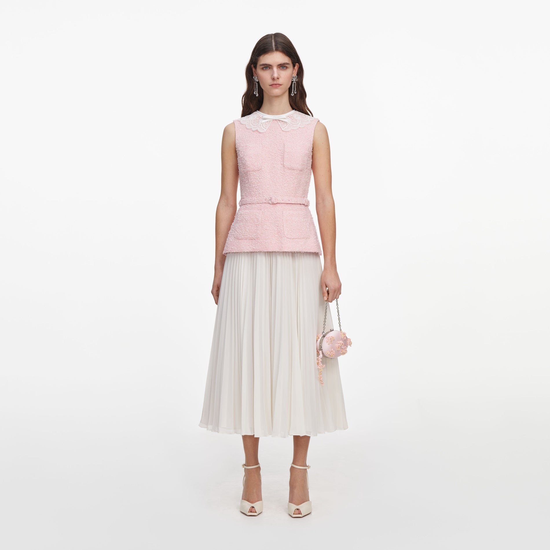 Front view of a woman wearing the Pink Boucle Lace Collar Midi Dress