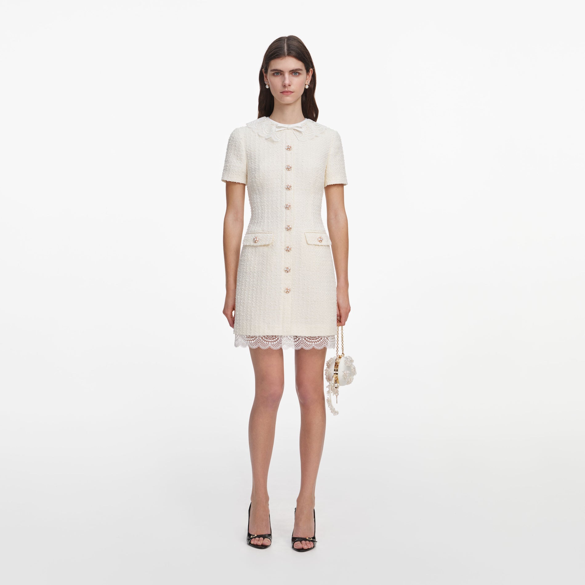 Front view of a woman wearing the Cream Boucle Lace Trim Mini Dress