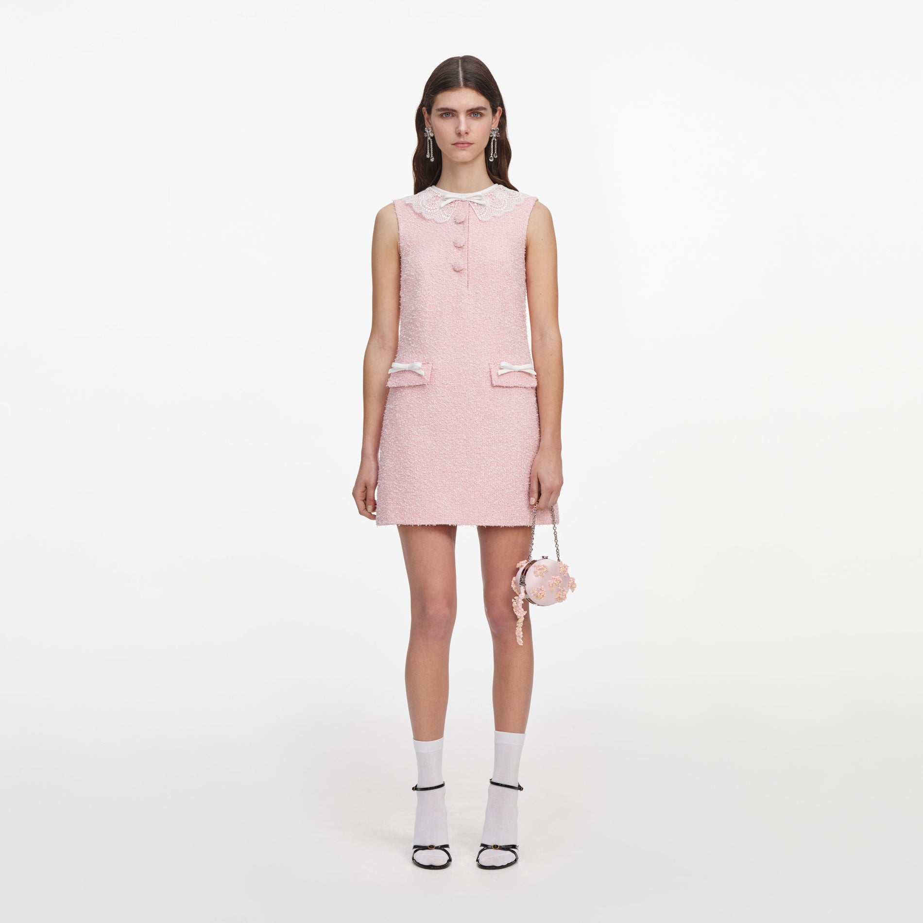Front view of a woman wearing the Pink Boucle Lace Collar Mini Dress