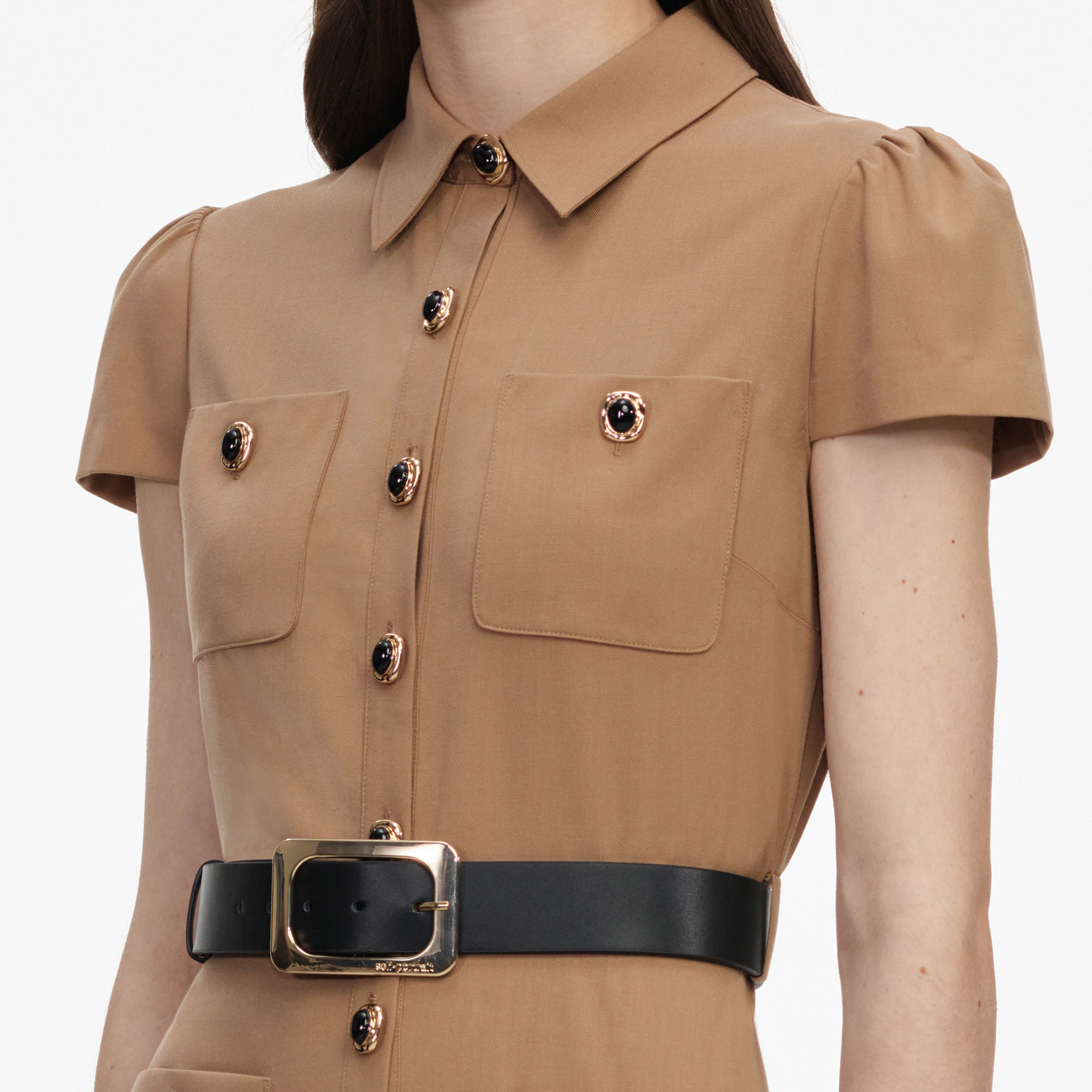 Tan Twill Belted Midi Dress