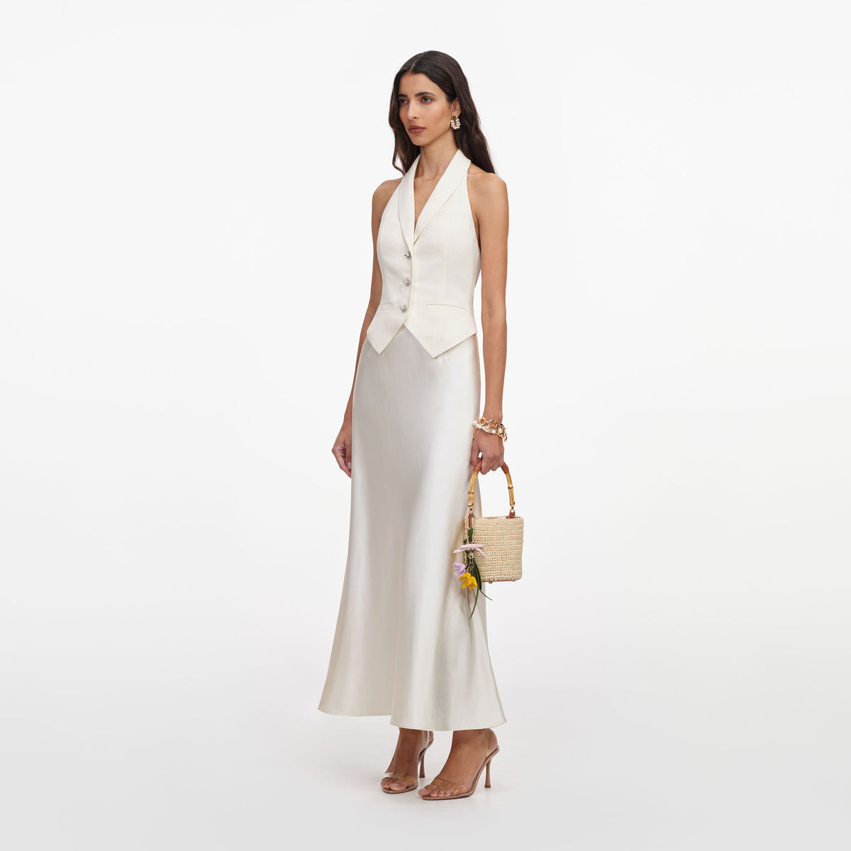 Cream Linen Blend Satin Midi Dress