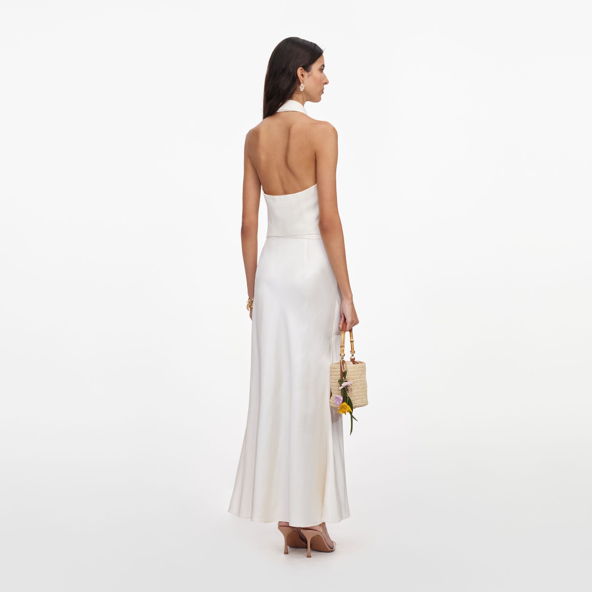 Back view of a woman wearing the Cream Linen Blend Satin Midi Dress