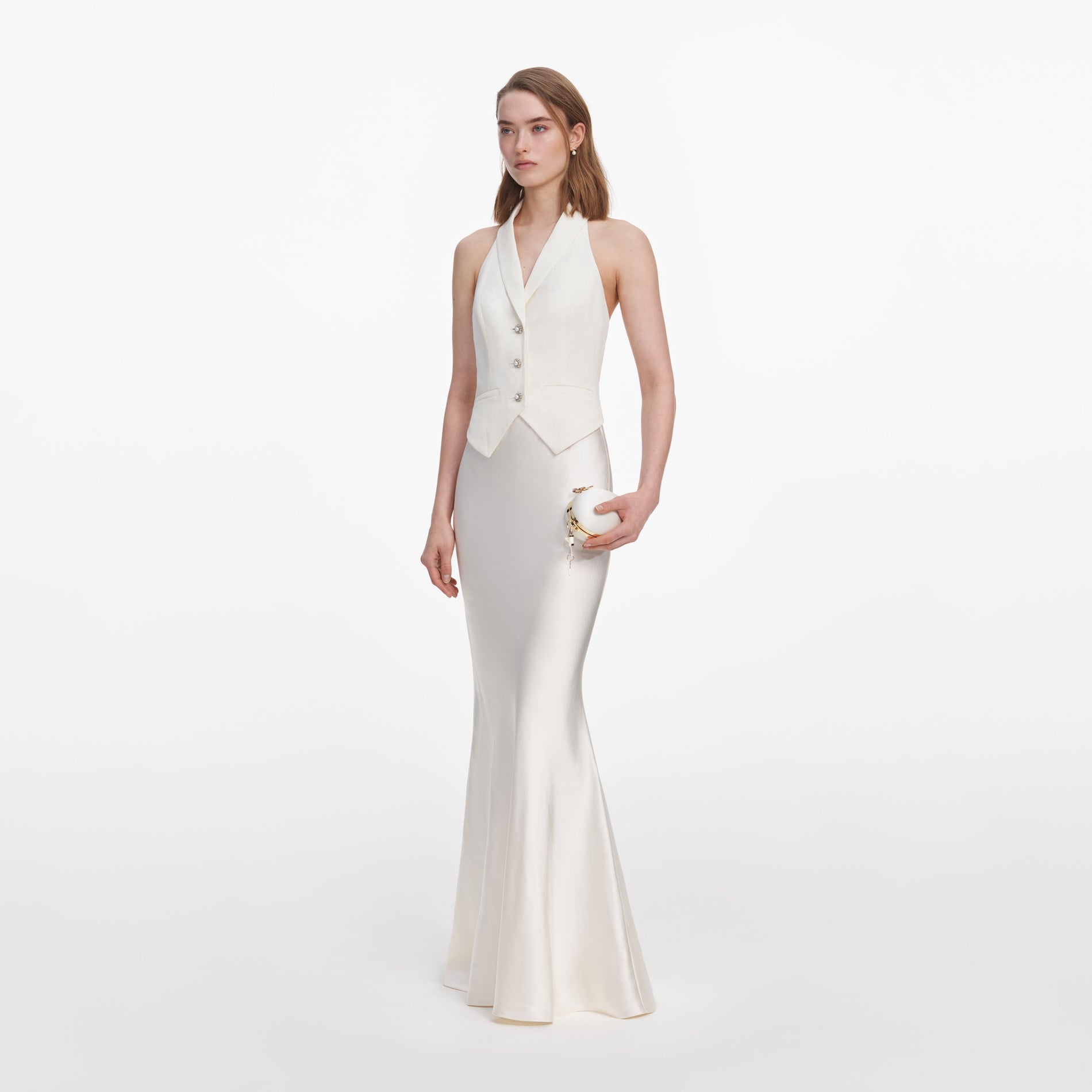 Side view of a woman wearing the Cream Linen Blend Satin Maxi Dress