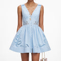 Blue Cotton Embroidered Mini Dress