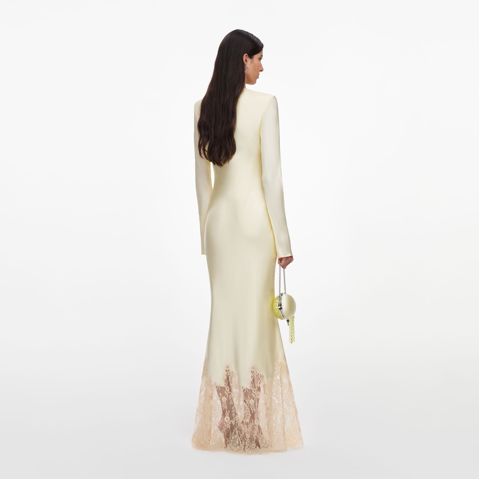 Back view of a woman wearing the Yellow Viscose Lace Maxi Dress